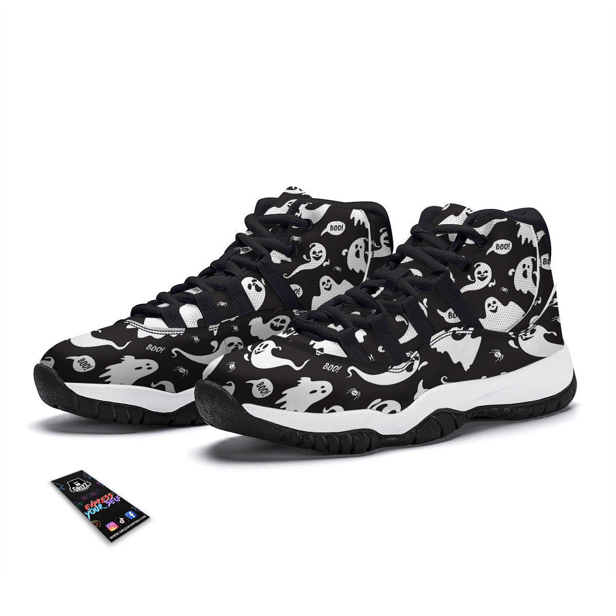 White Ghost Print Pattern Black Bball Shoes-grizzshop
