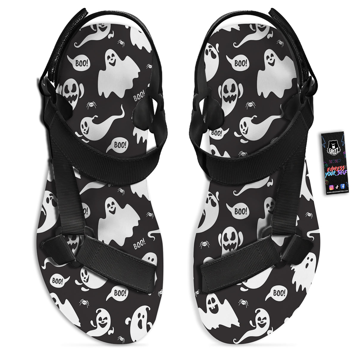White Ghost Print Pattern Black Open Toe Sandals-grizzshop