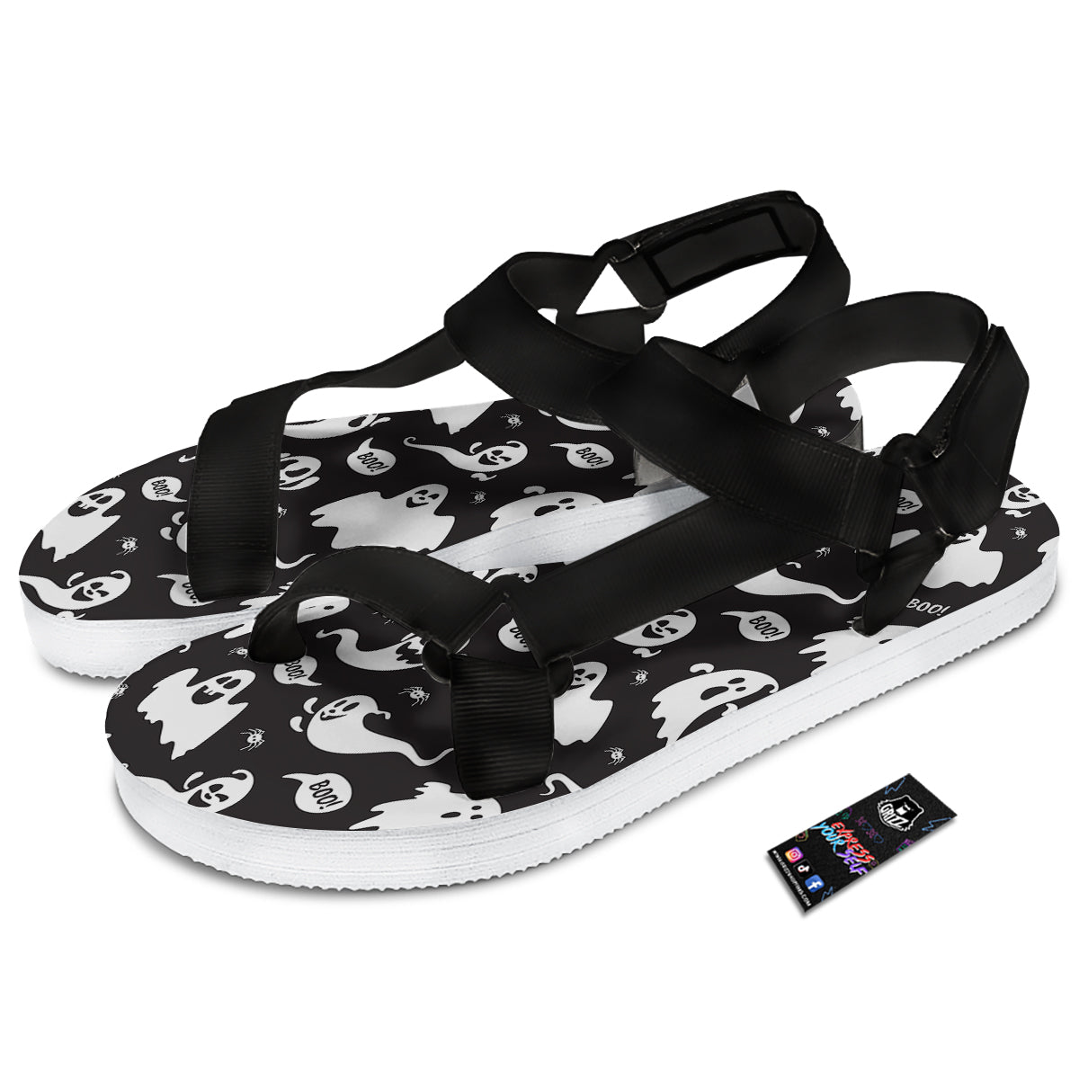 White Ghost Print Pattern Black Open Toe Sandals-grizzshop