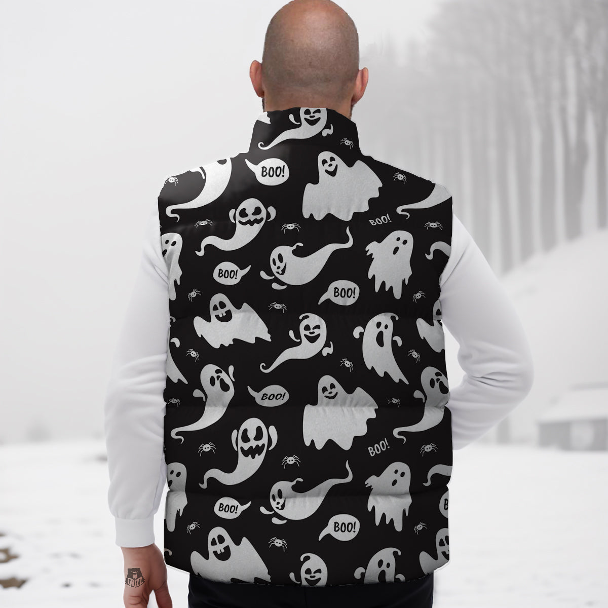 White Ghost Print Pattern Down Vest-grizzshop