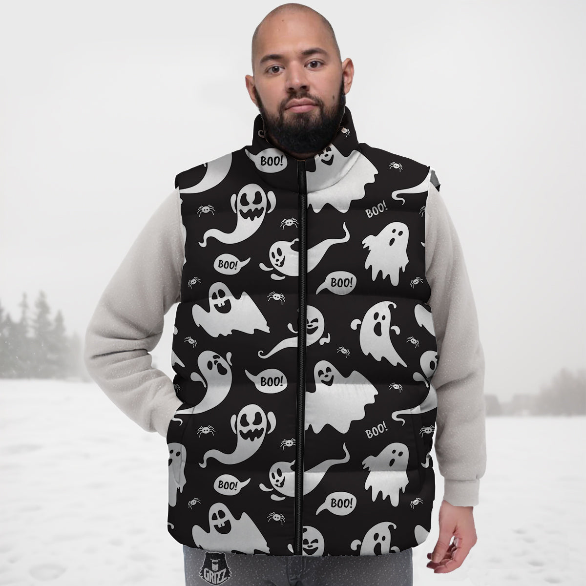 White Ghost Print Pattern Down Vest-grizzshop