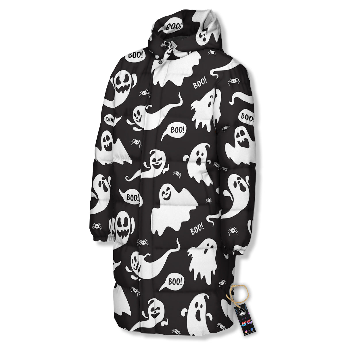 White Ghost Print Pattern Long Down Jacket-grizzshop