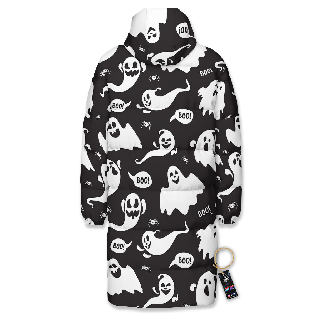 White Ghost Print Pattern Long Down Jacket-grizzshop