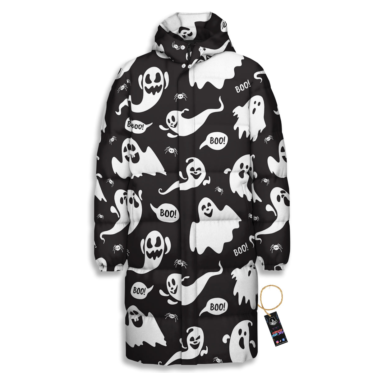 White Ghost Print Pattern Long Down Jacket-grizzshop