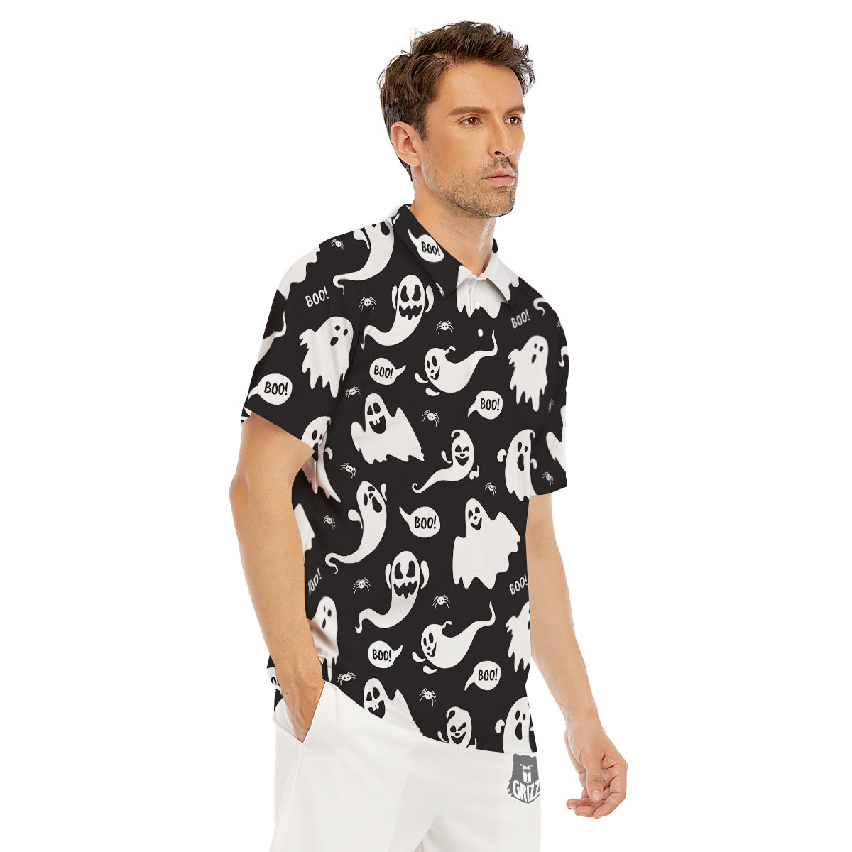 White Ghost Print Pattern Men's Golf Shirts-grizzshop