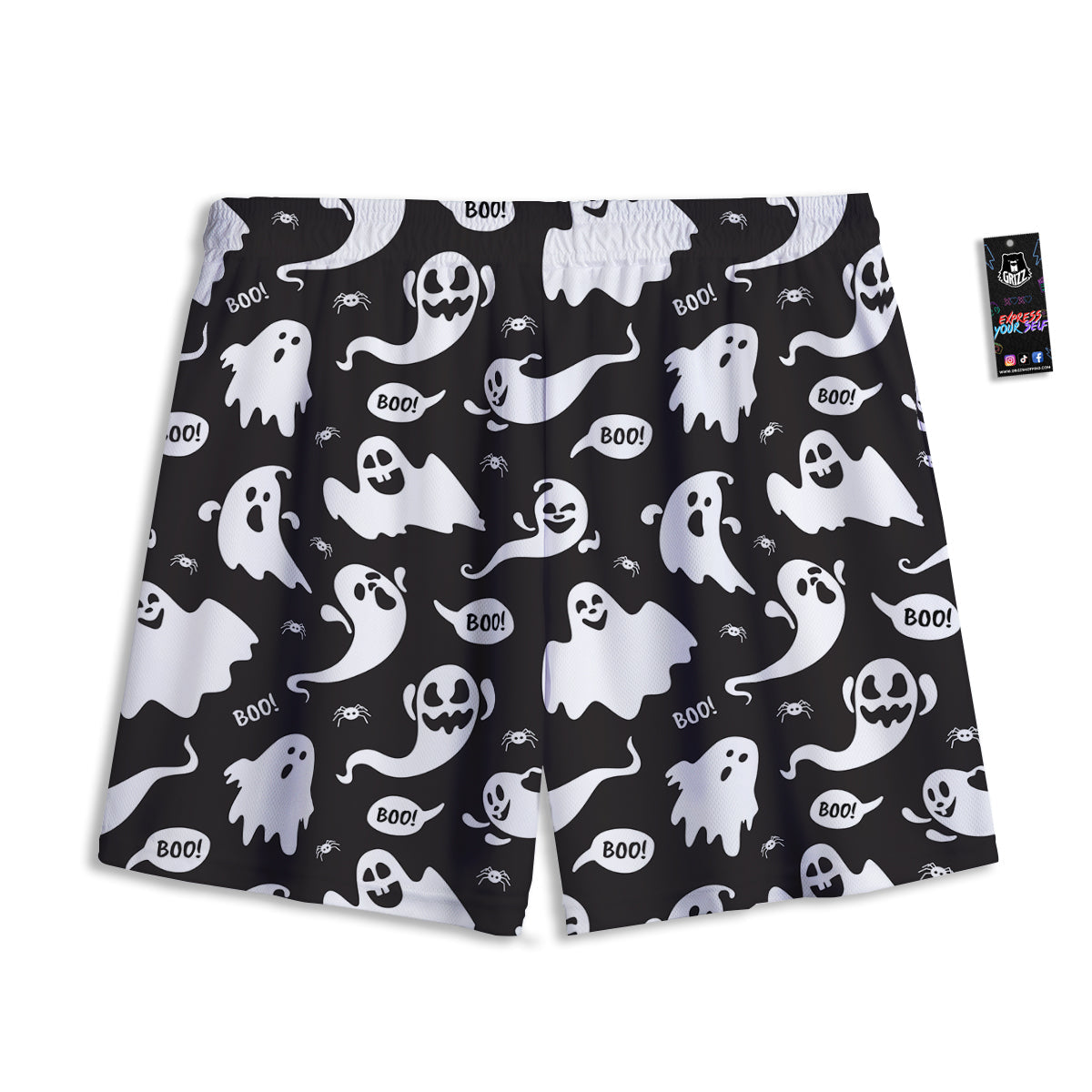 White Ghost Print Pattern Mesh Shorts-grizzshop