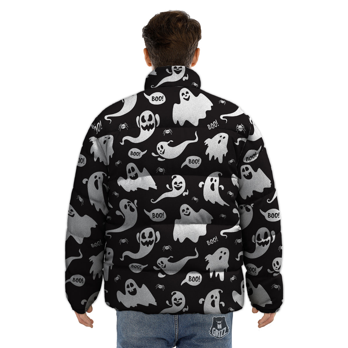 White Ghost Print Pattern Puffer Jacket-grizzshop