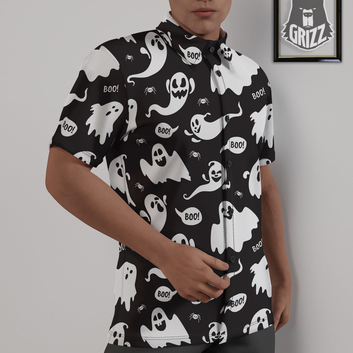 White Ghost Print Pattern Untucked Shirts-grizzshop