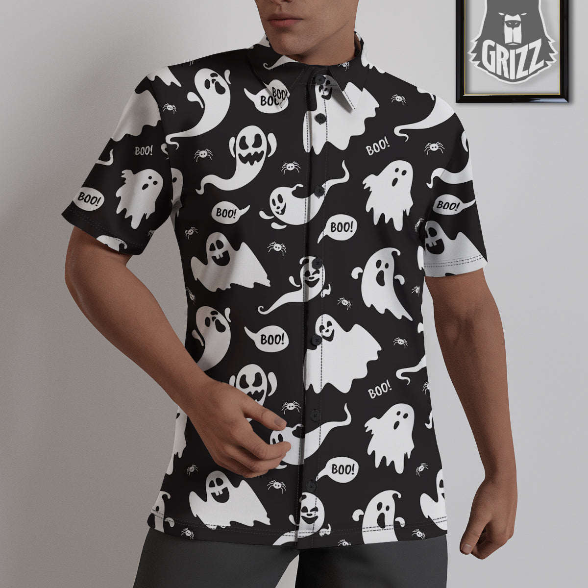 White Ghost Print Pattern Untucked Shirts-grizzshop