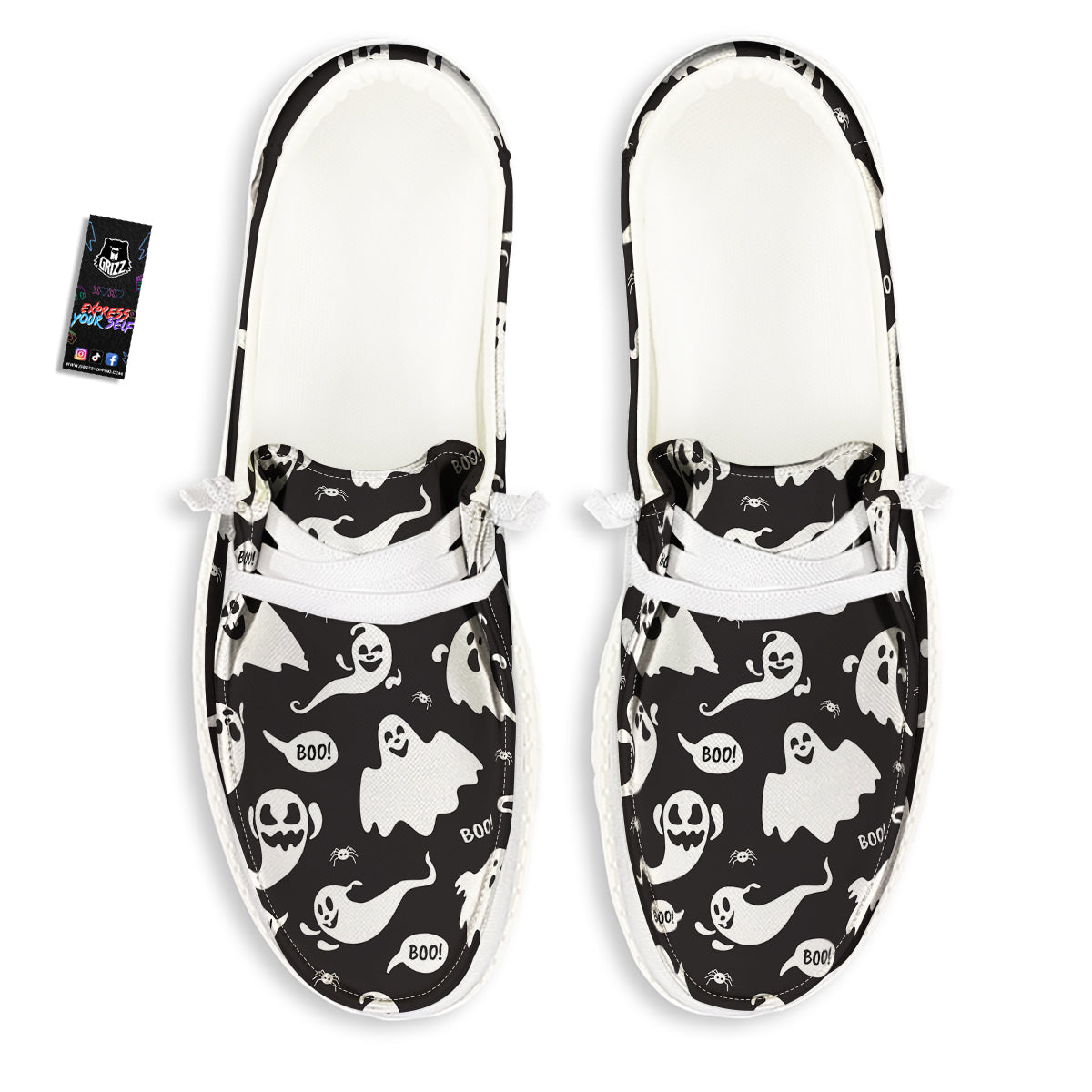 White Ghost Print Pattern White Loafers-grizzshop