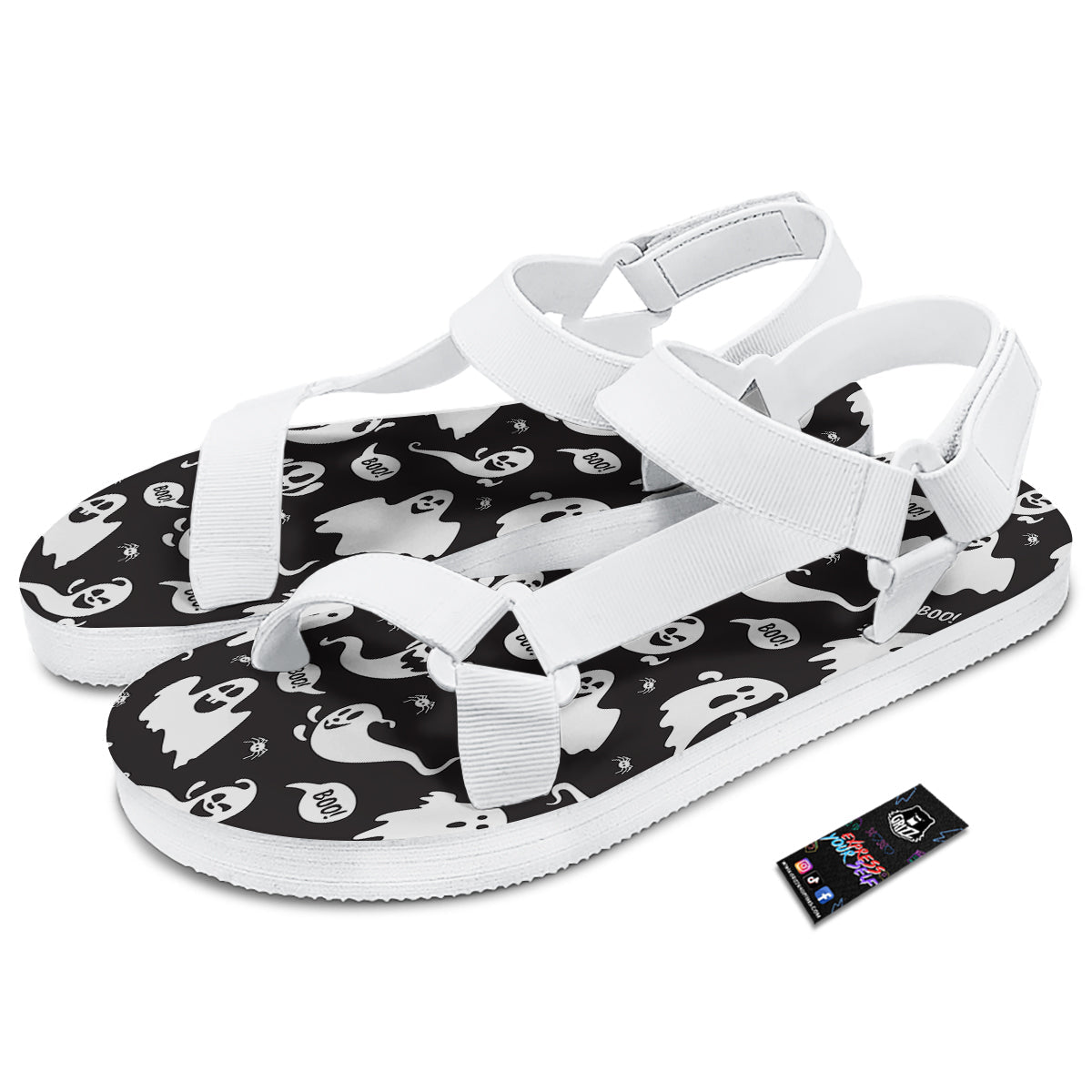 White Ghost Print Pattern White Open Toe Sandals-grizzshop