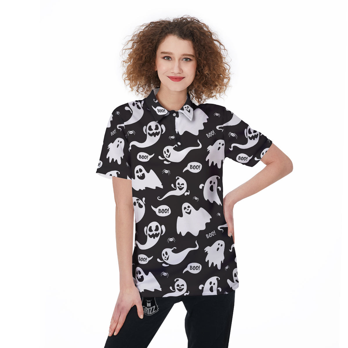 White Ghost Print Pattern Women's Golf Shirts-grizzshop