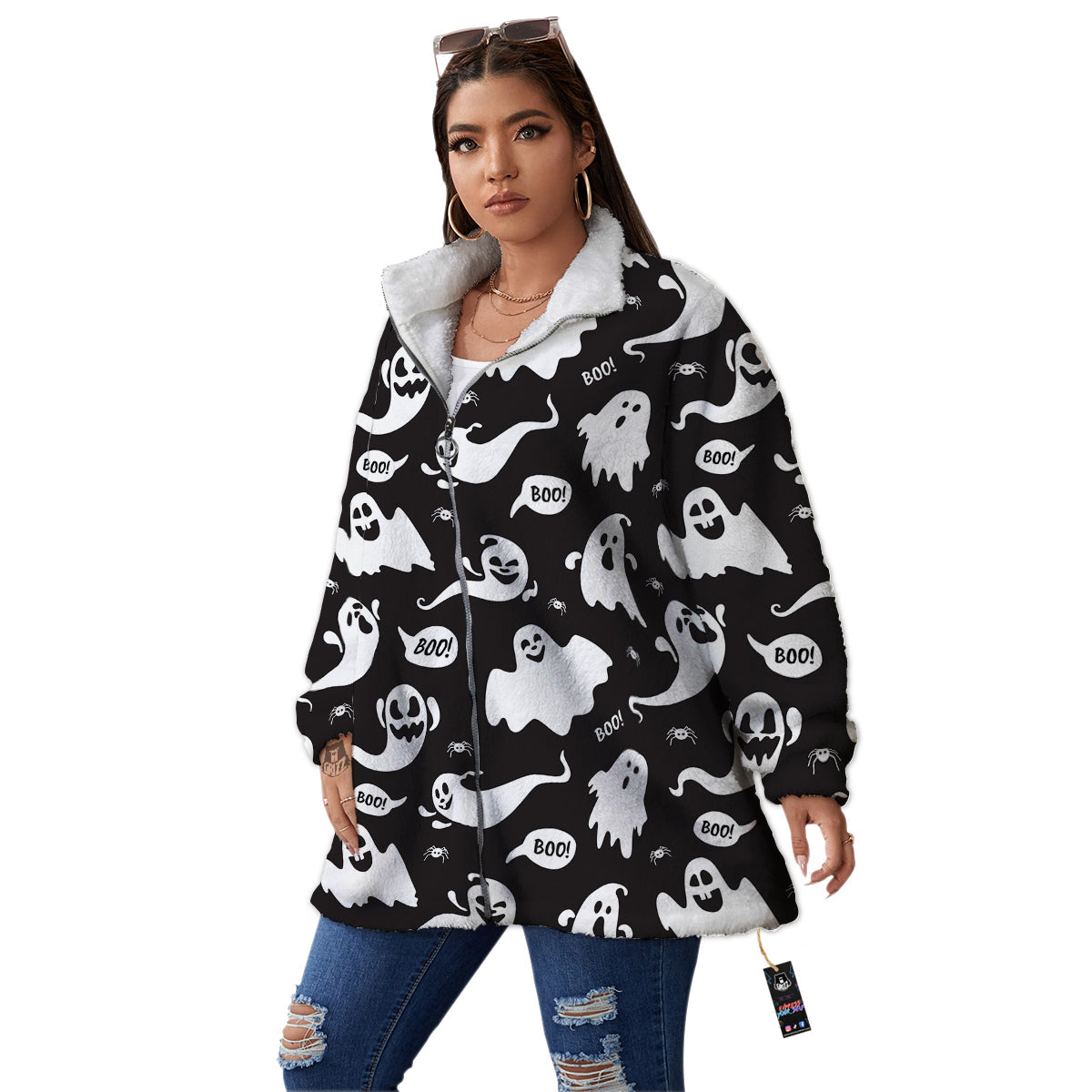 White Ghost Print Pattern Women's Sherpa Jacket-grizzshop