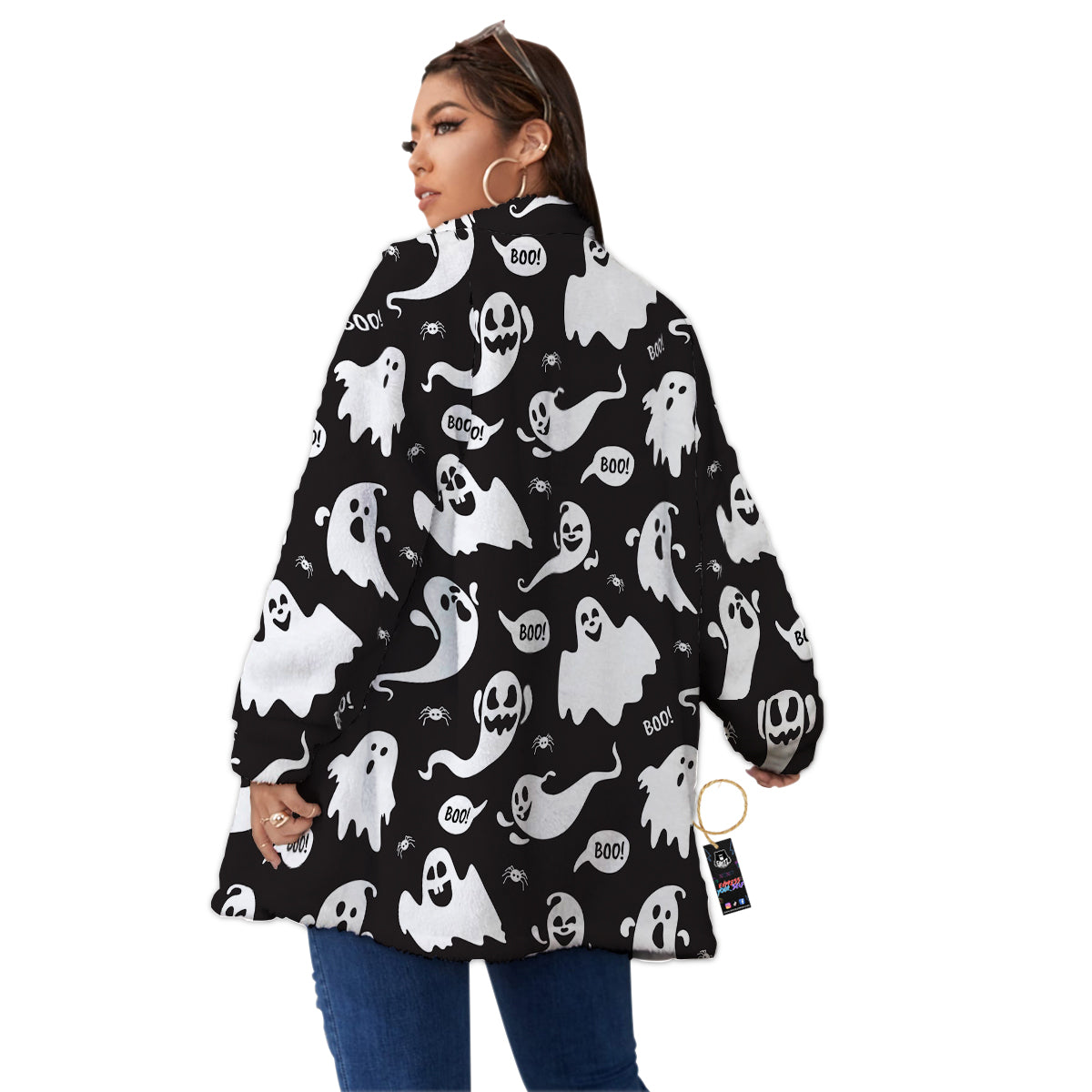 White Ghost Print Pattern Women's Sherpa Jacket-grizzshop