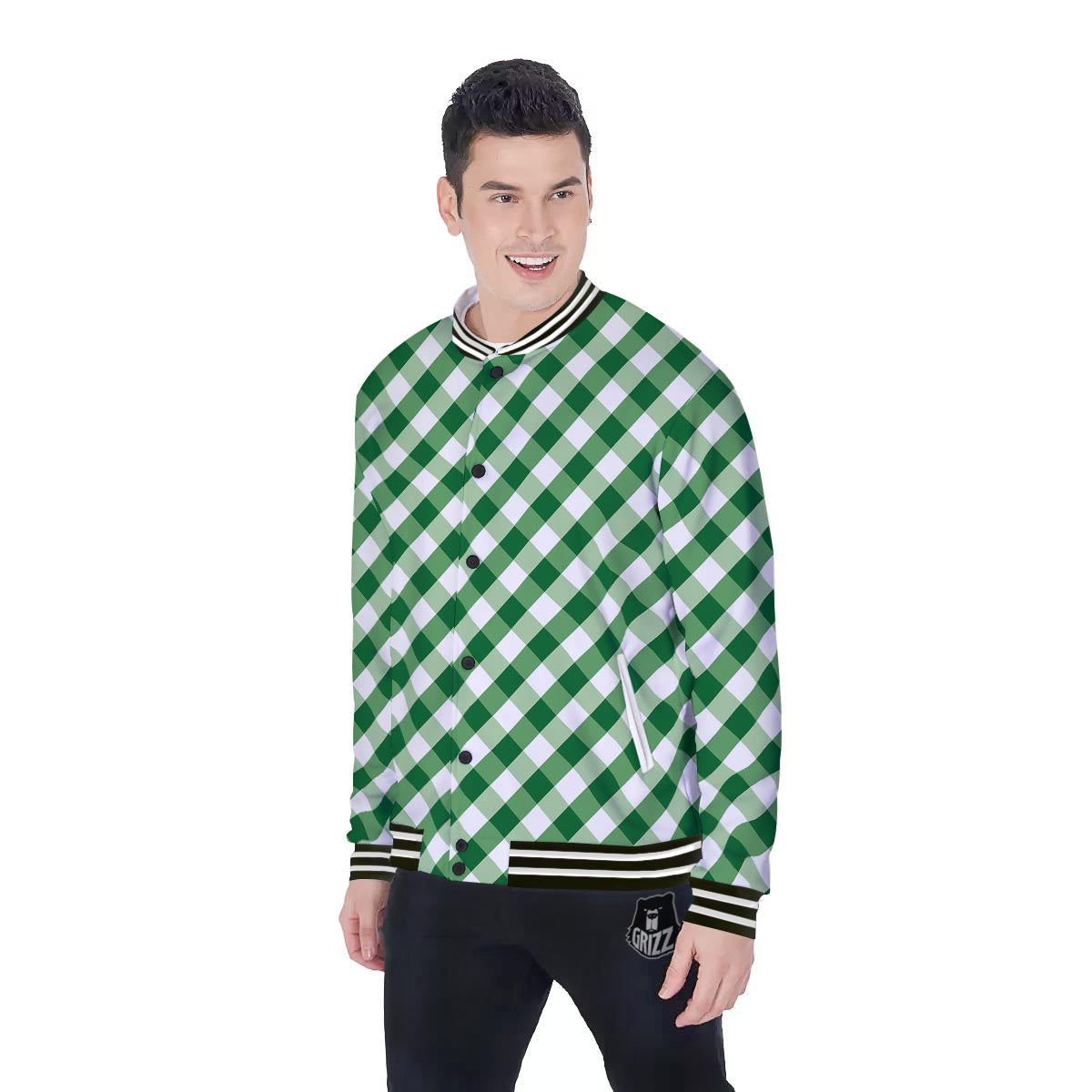White Gingham And Green Shamrock Print Pattern Baseball Jacket-grizzshop