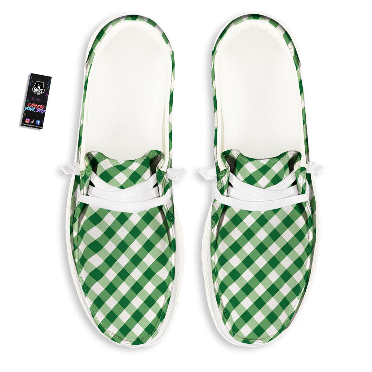 White Gingham And Green Shamrock Print Pattern Black Loafers-grizzshop