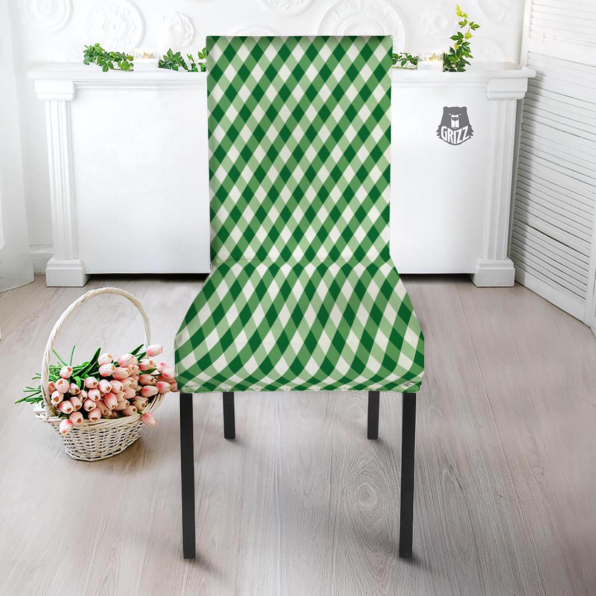 White Gingham And Green Shamrock Print Pattern Dining Chair Slipcover-grizzshop
