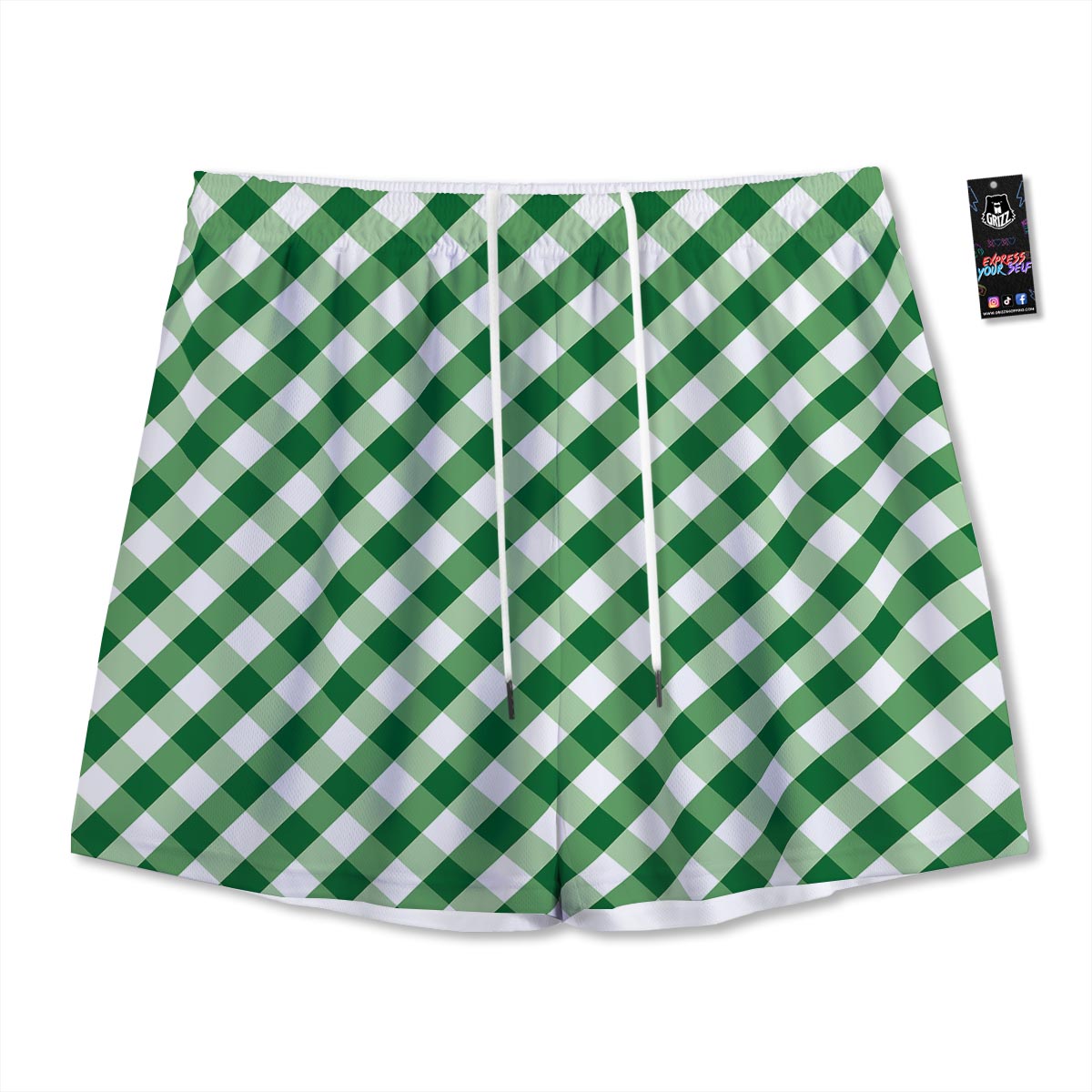 White Gingham And Green Shamrock Print Pattern Mesh Shorts