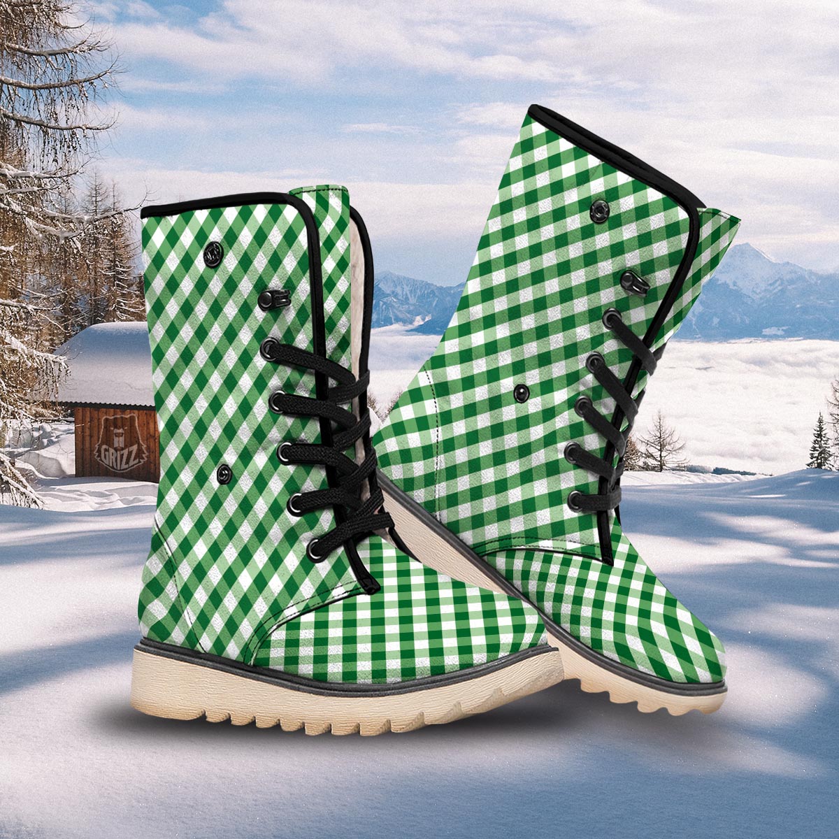 White Gingham And Green Shamrock Print Pattern Snow Boots-grizzshop