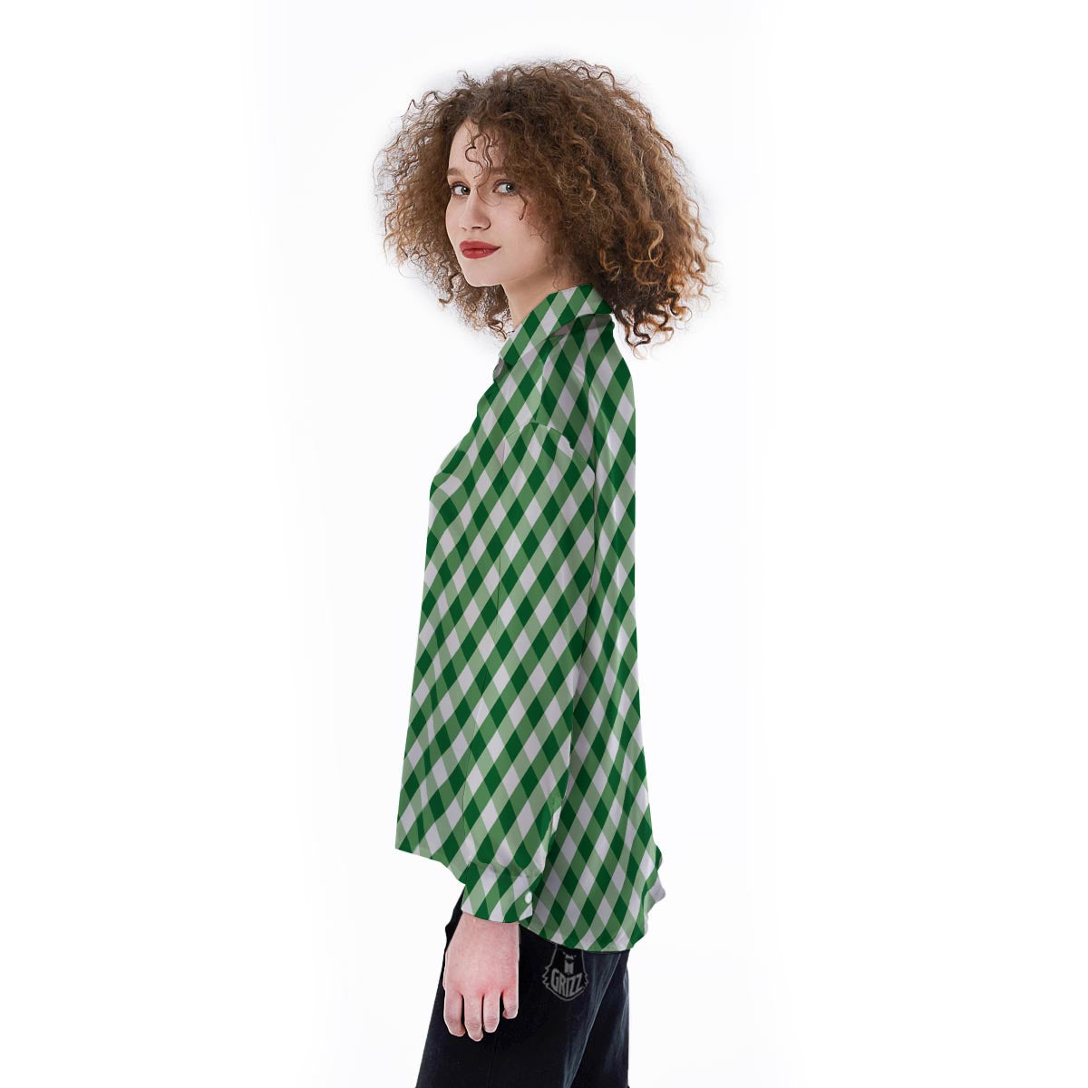 White Gingham And Green Shamrock Print Pattern Women's Long Sleeve Shirts-grizzshop