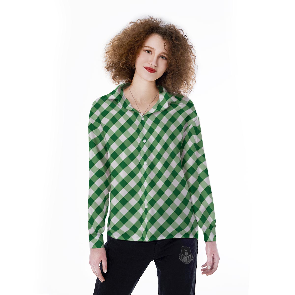 White Gingham And Green Shamrock Print Pattern Women's Long Sleeve Shirts-grizzshop