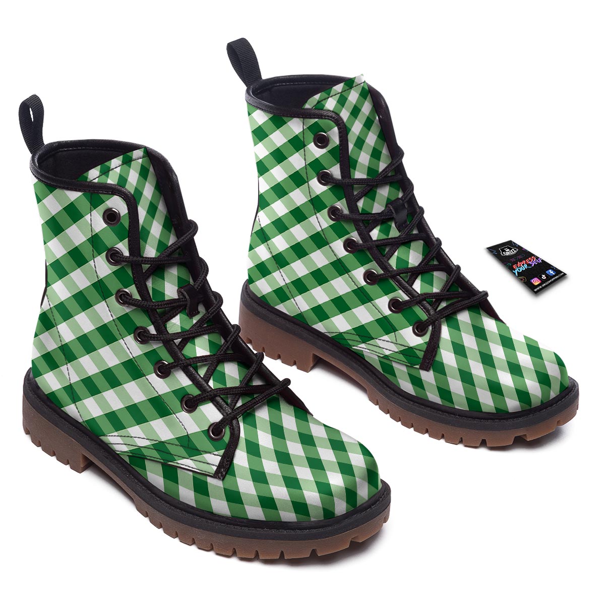 White Gingham And Green Shamrock Print Pattern Work Boots-grizzshop