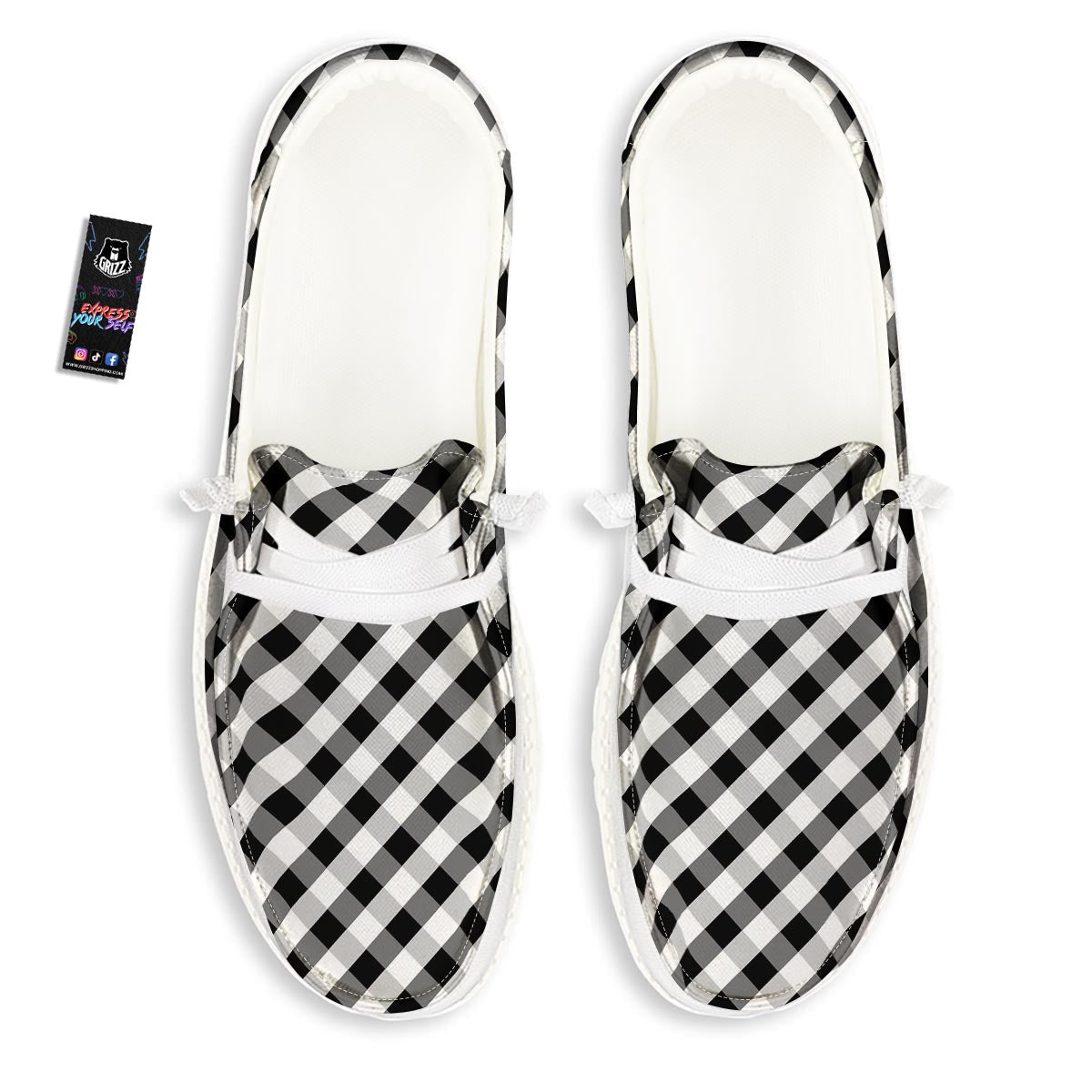 White Gingham And Grey Shadow Print Pattern Black Loafers-grizzshop