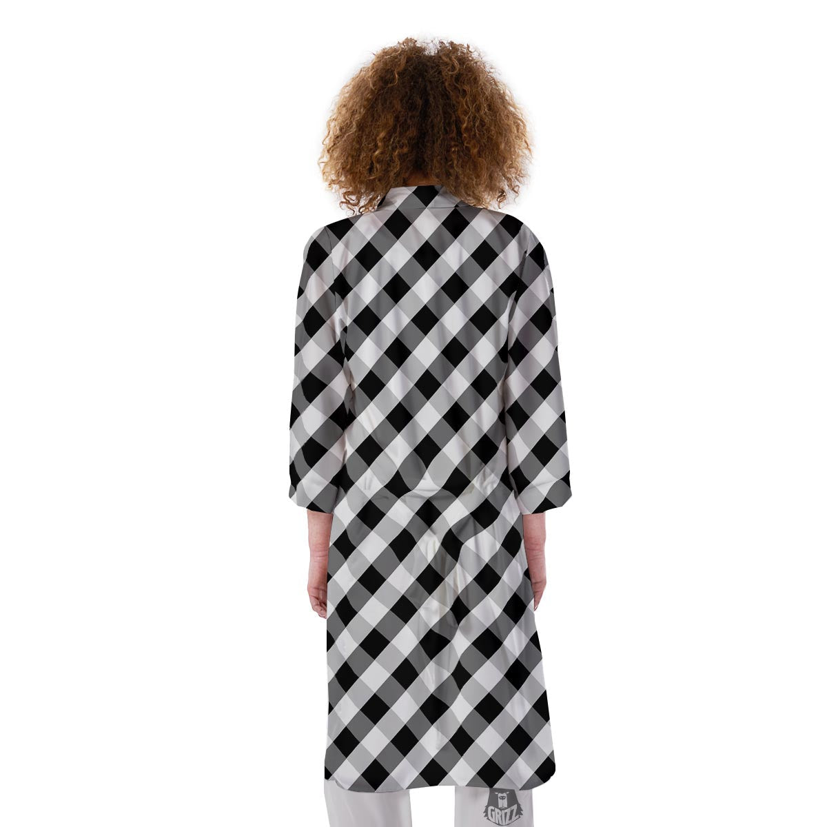 White Gingham And Grey Shadow Print Pattern Kimono-grizzshop
