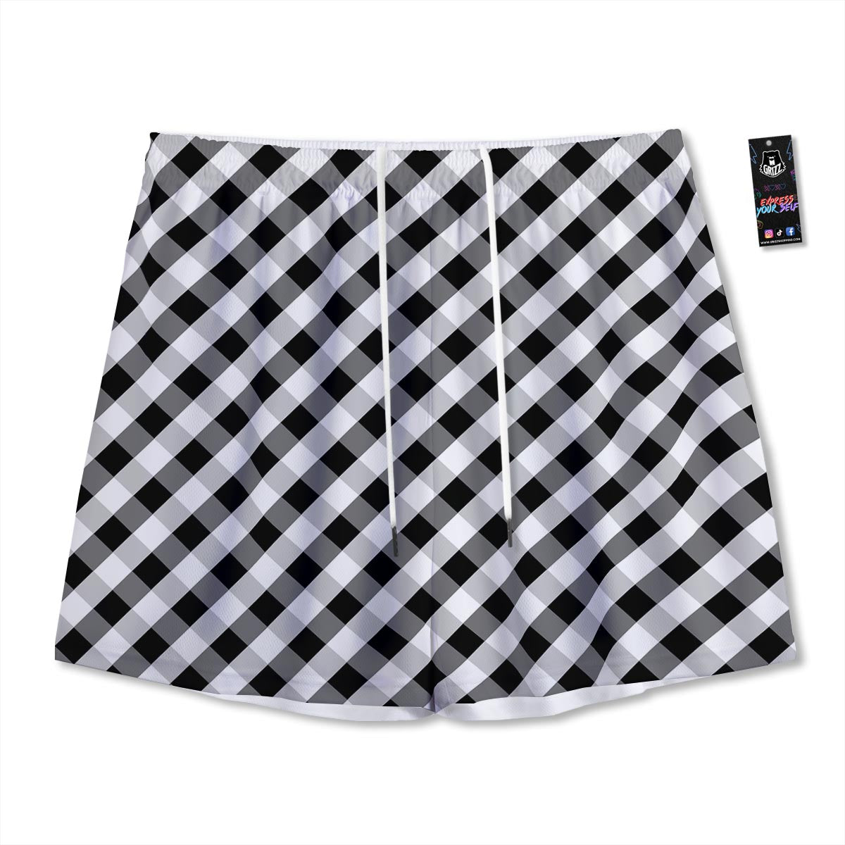 White Gingham And Grey Shadow Print Pattern Mesh Shorts