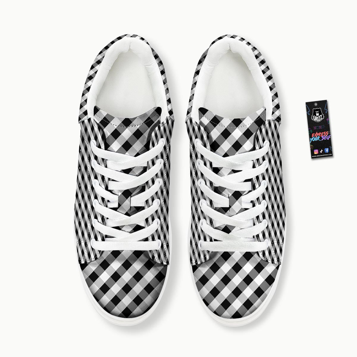 White Gingham And Grey Shadow Print Pattern Platform Shoes-grizzshop