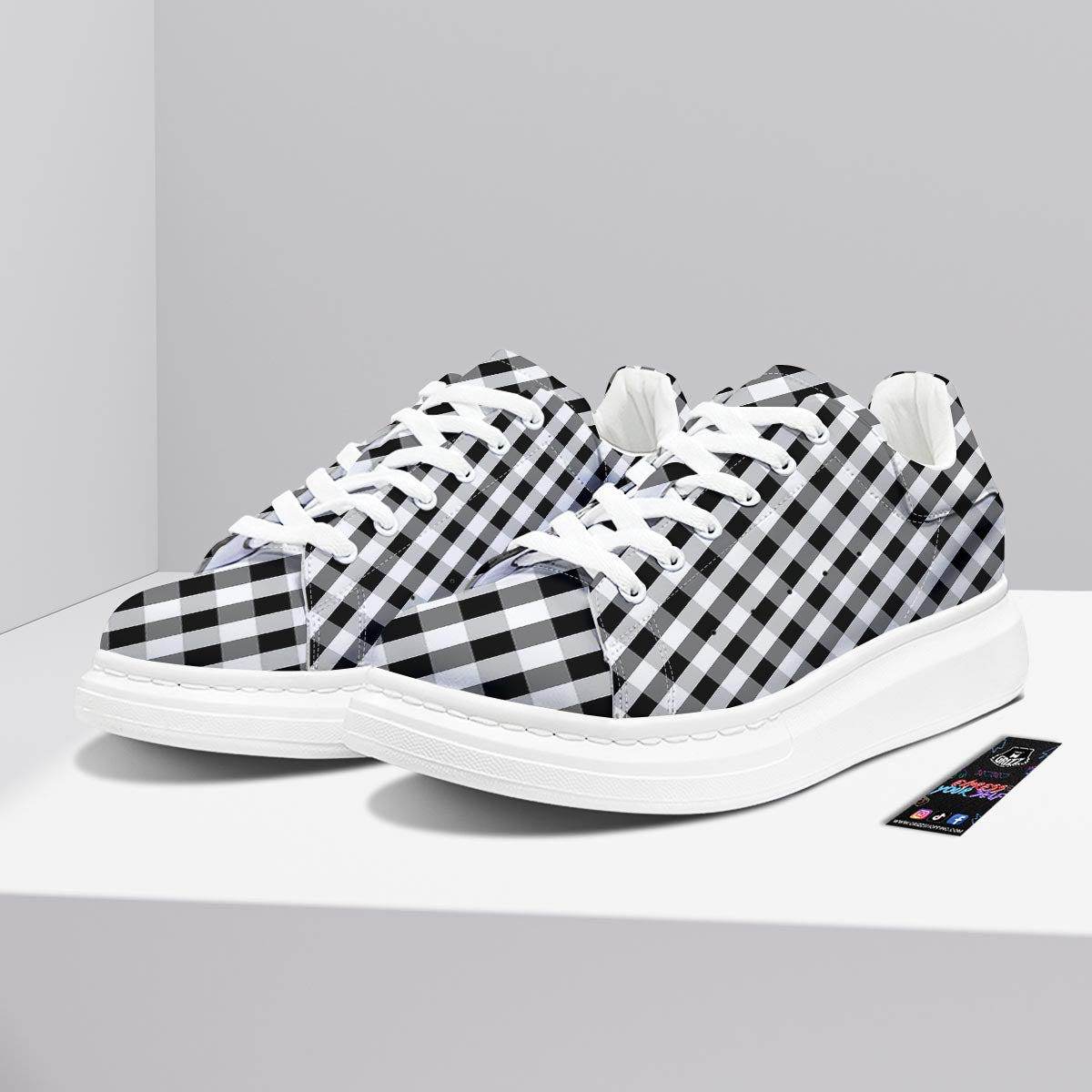 White Gingham And Grey Shadow Print Pattern Platform Shoes-grizzshop