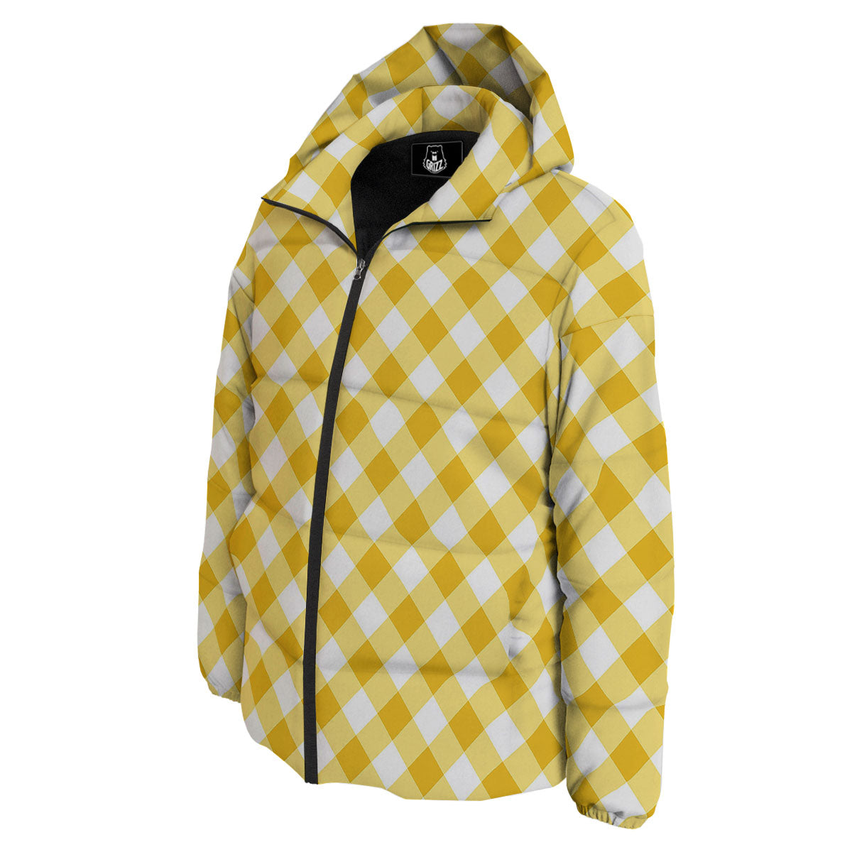 White Gingham And Yellow Honey Print Down Jacket-grizzshop