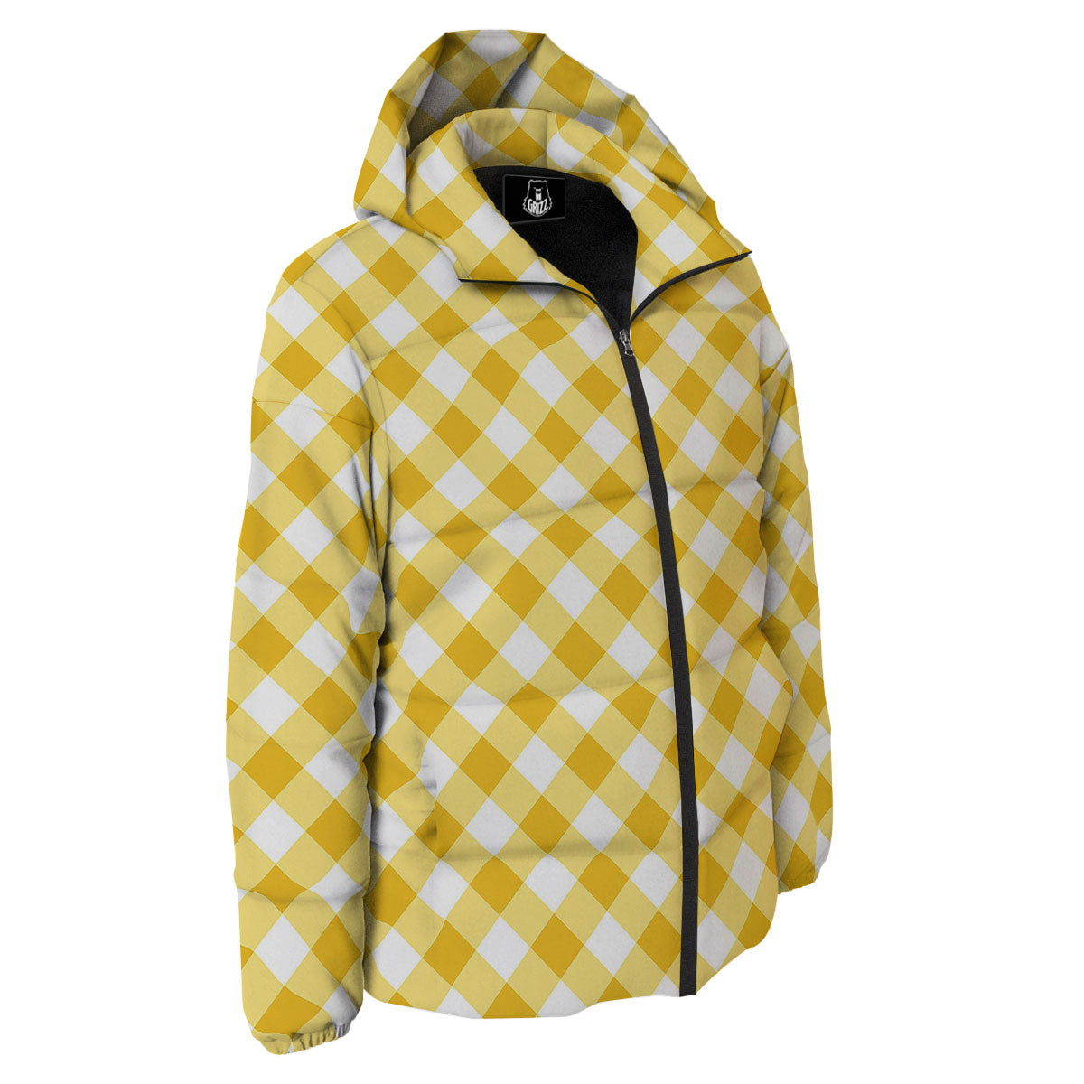 White Gingham And Yellow Honey Print Down Jacket-grizzshop