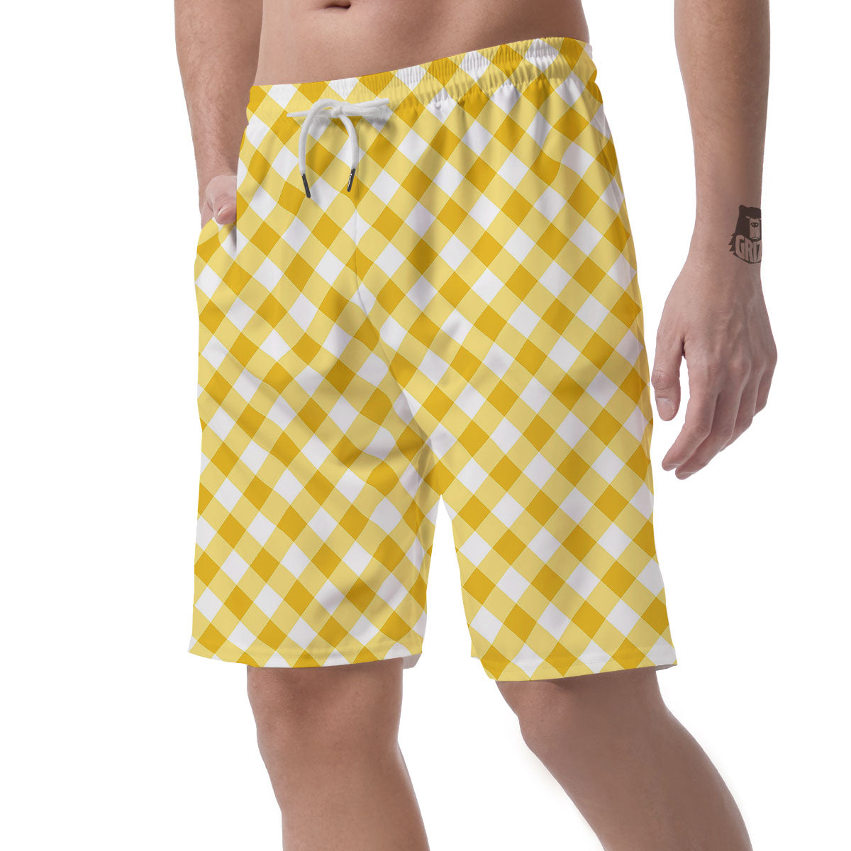 White Gingham And Yellow Honey Print Men's Shorts-grizzshop
