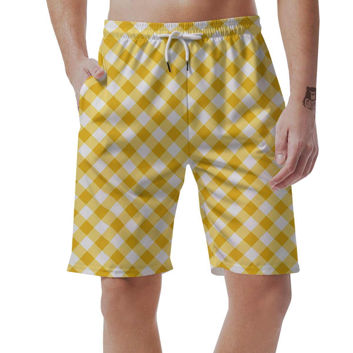White Gingham And Yellow Honey Print Men's Shorts-grizzshop