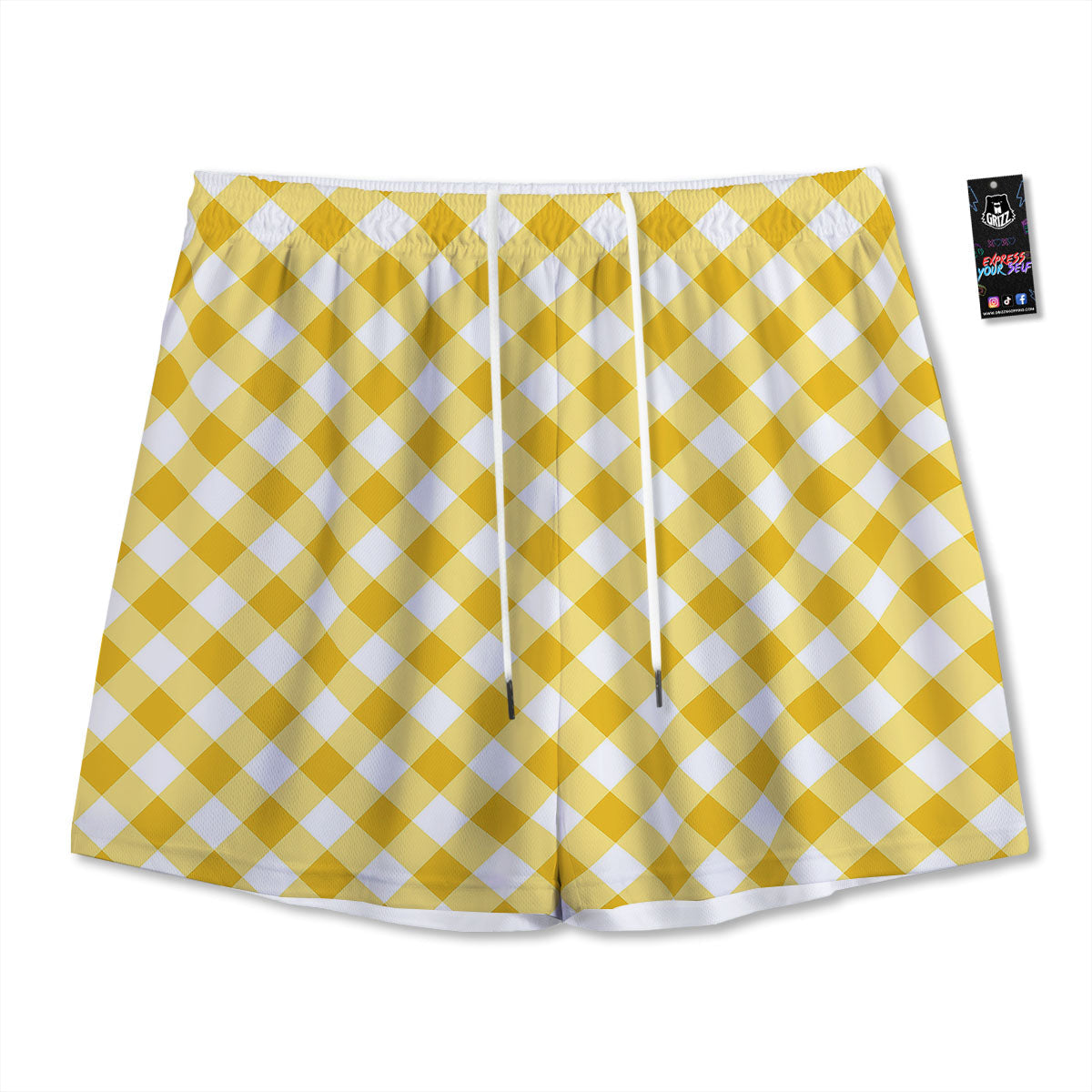White Gingham And Yellow Honey Print Mesh Shorts