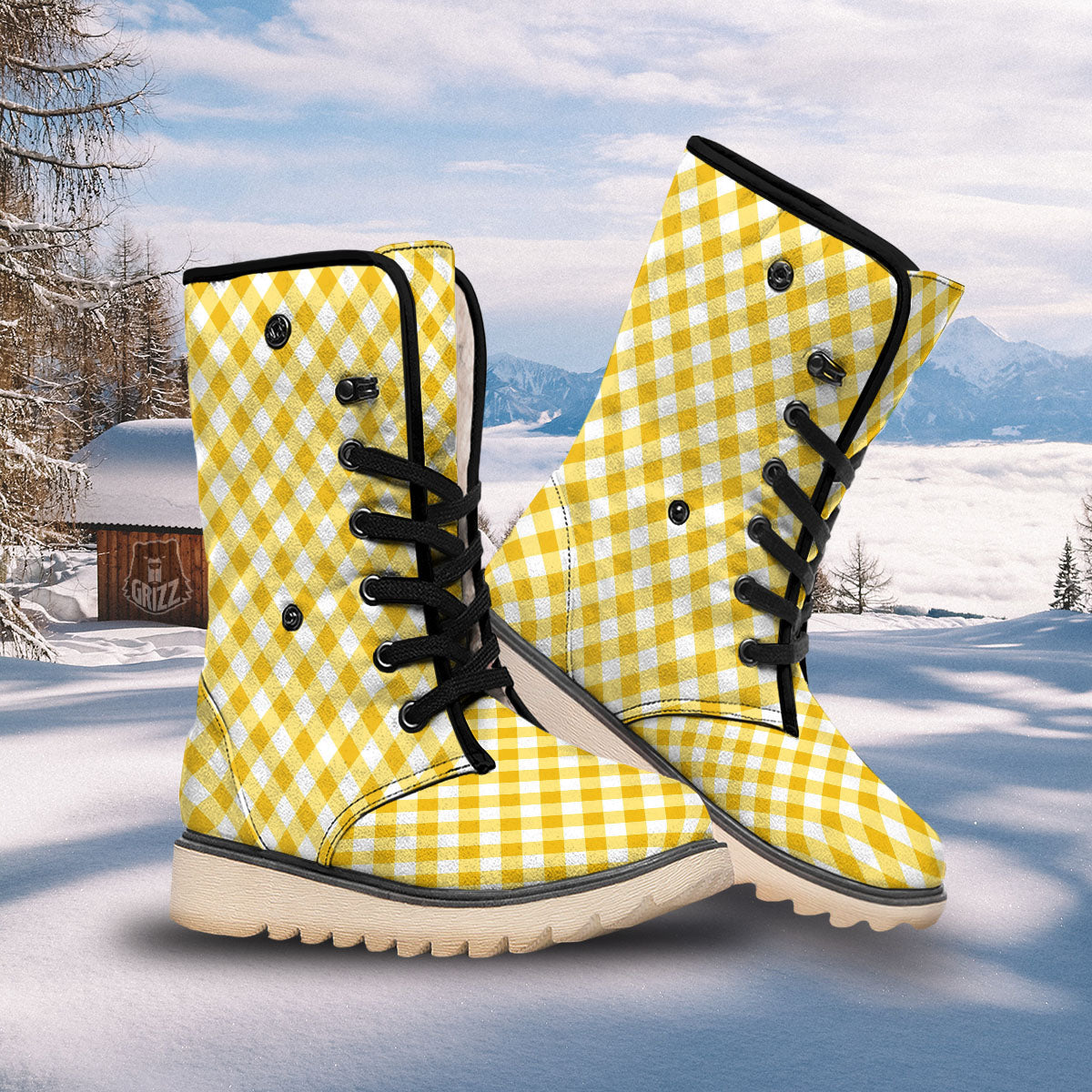 White Gingham And Yellow Honey Print Snow Boots-grizzshop