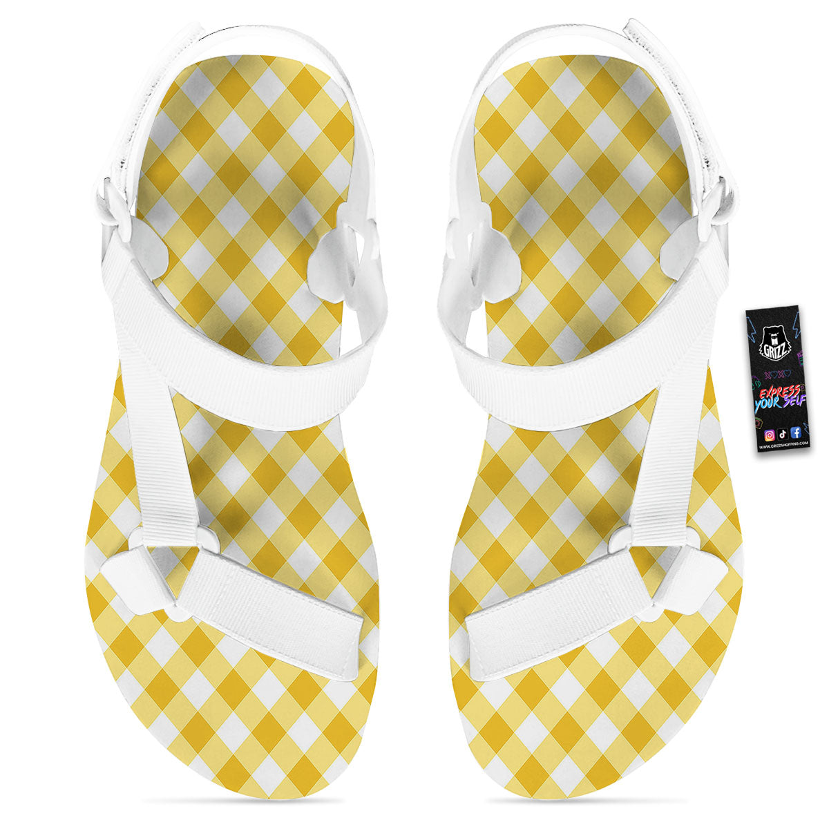 White Gingham And Yellow Honey Print White Open Toe Sandals-grizzshop
