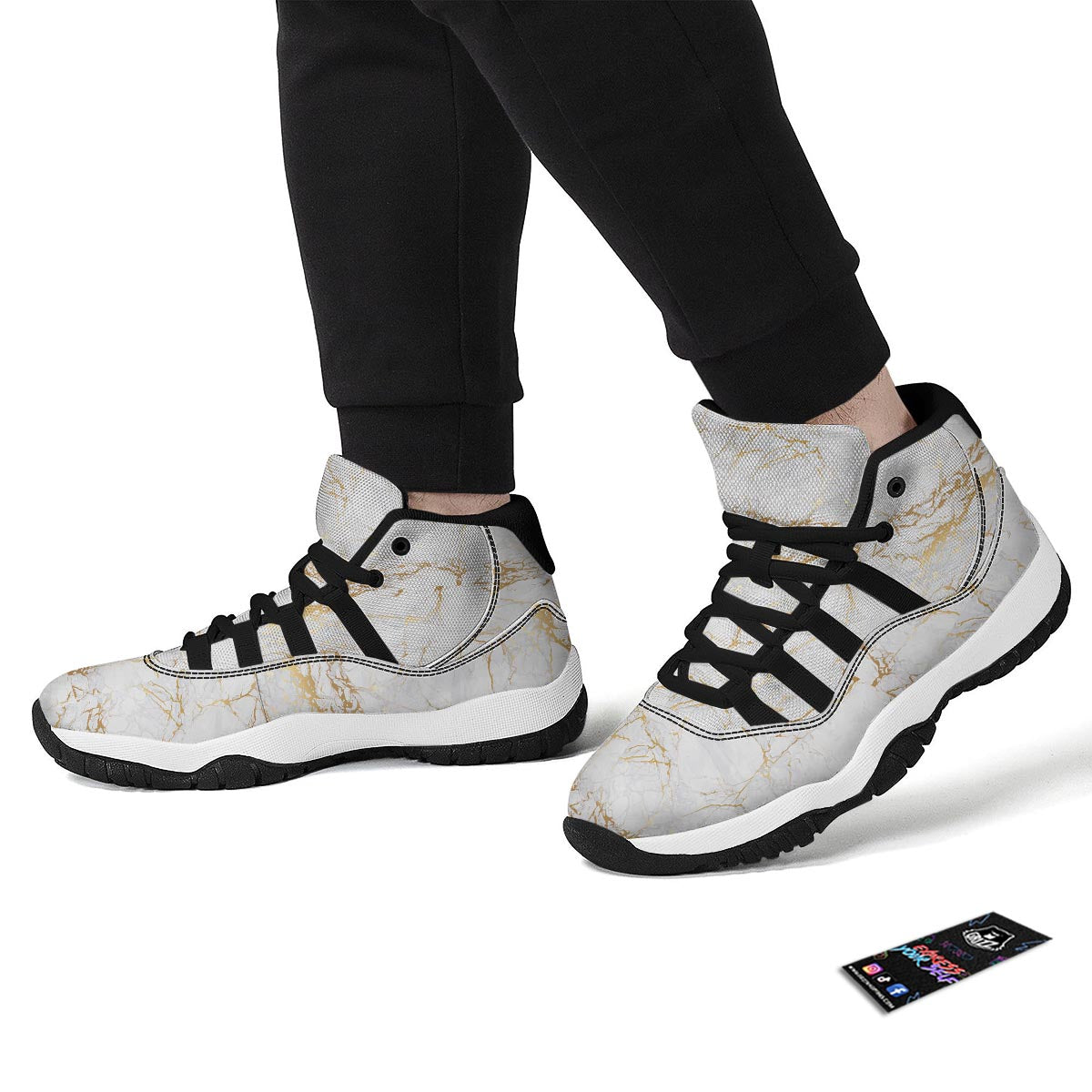 White Gold Marble Pattern Print Black Bball Shoes-grizzshop