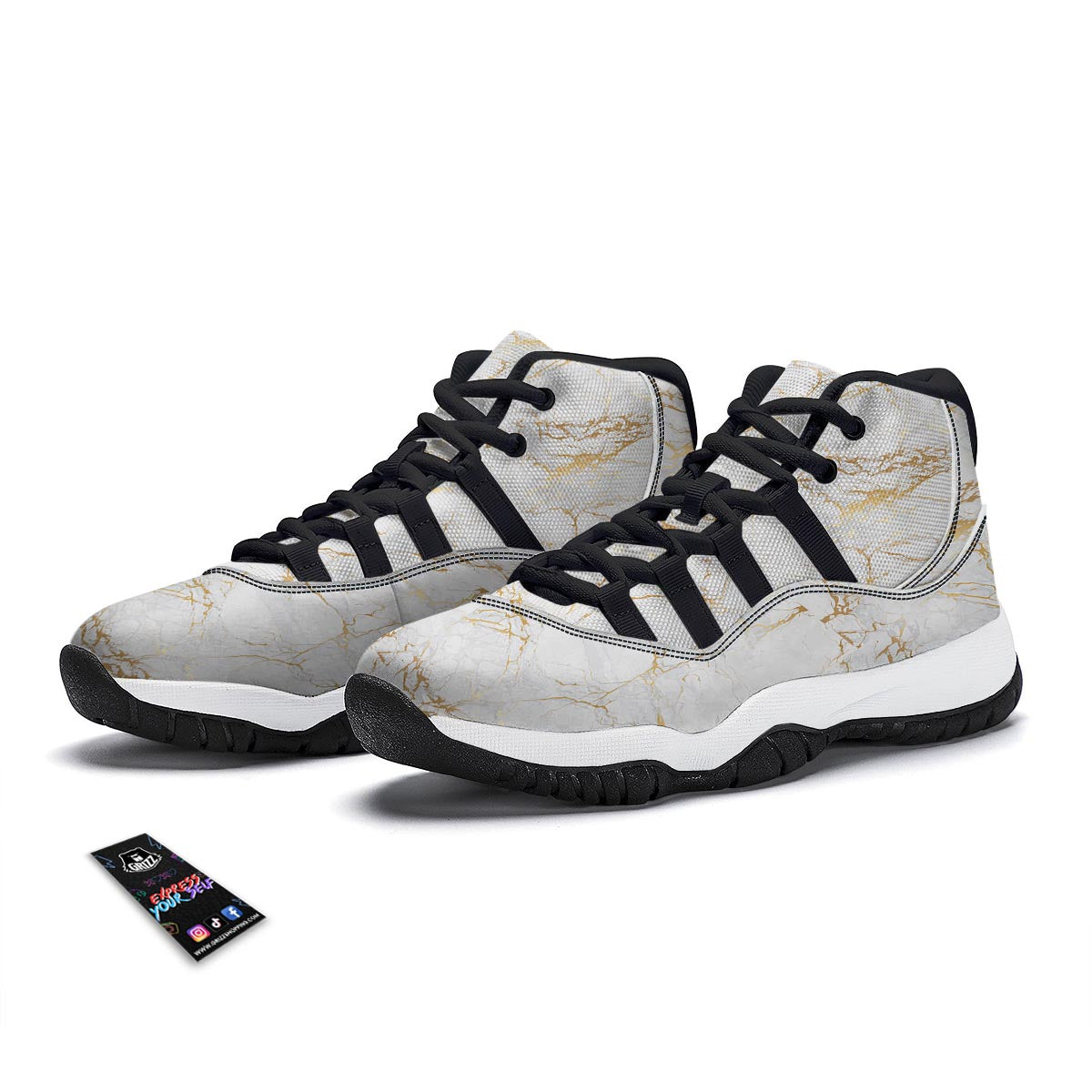 White Gold Marble Pattern Print Black Bball Shoes-grizzshop