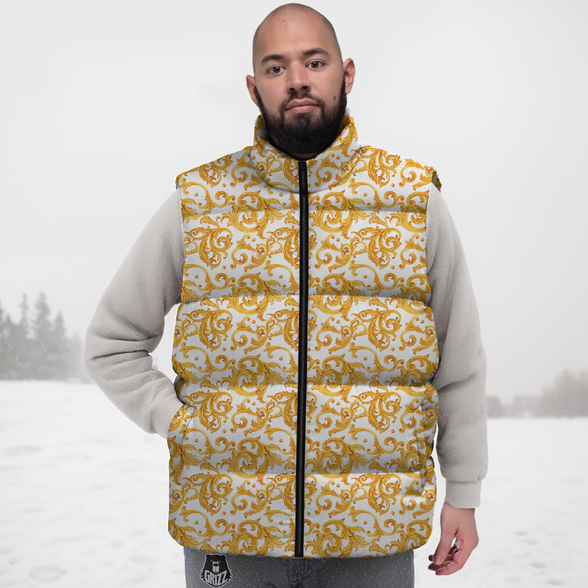 White Gold Marble Pattern Print Down Vest-grizzshop