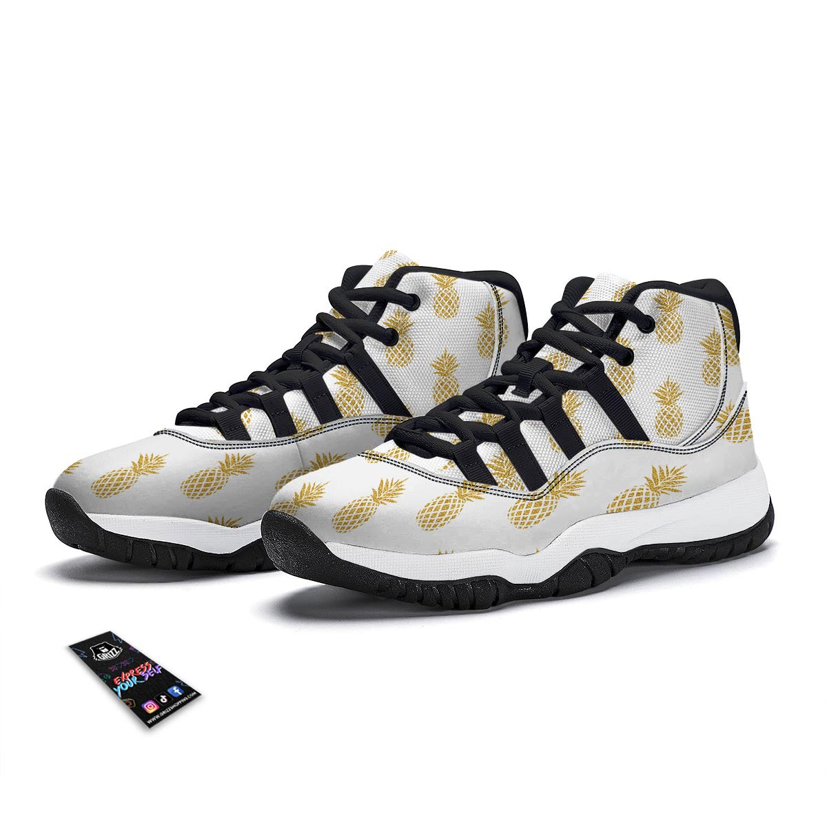 White Gold Pineapple Print Black Bball Shoes-grizzshop