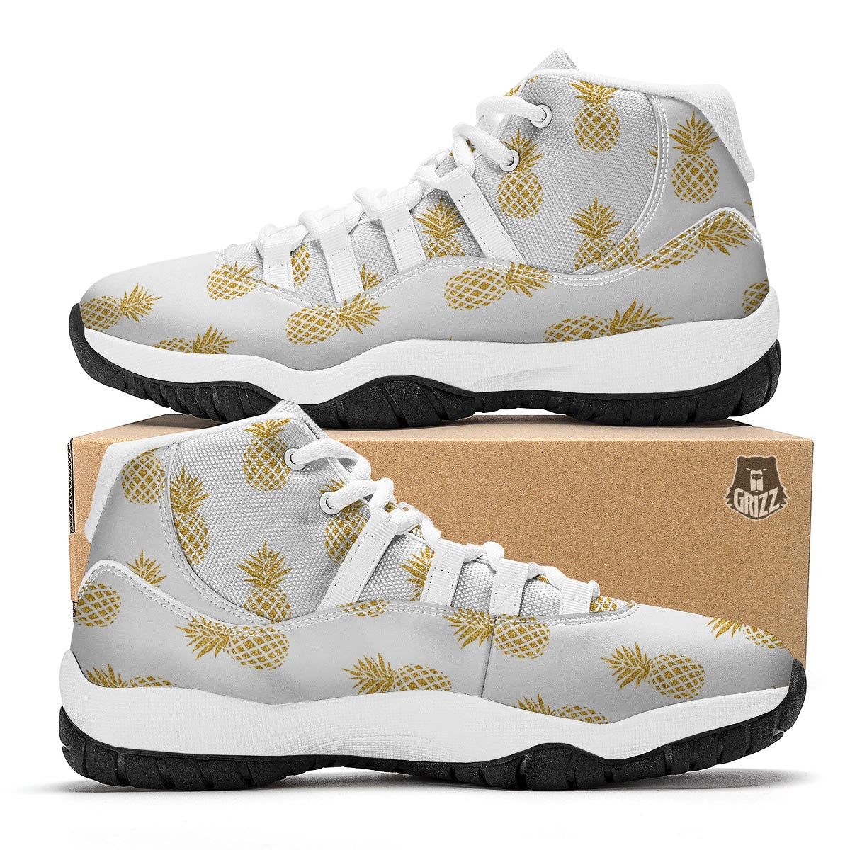 White Gold Pineapple Print White Bball Shoes-grizzshop