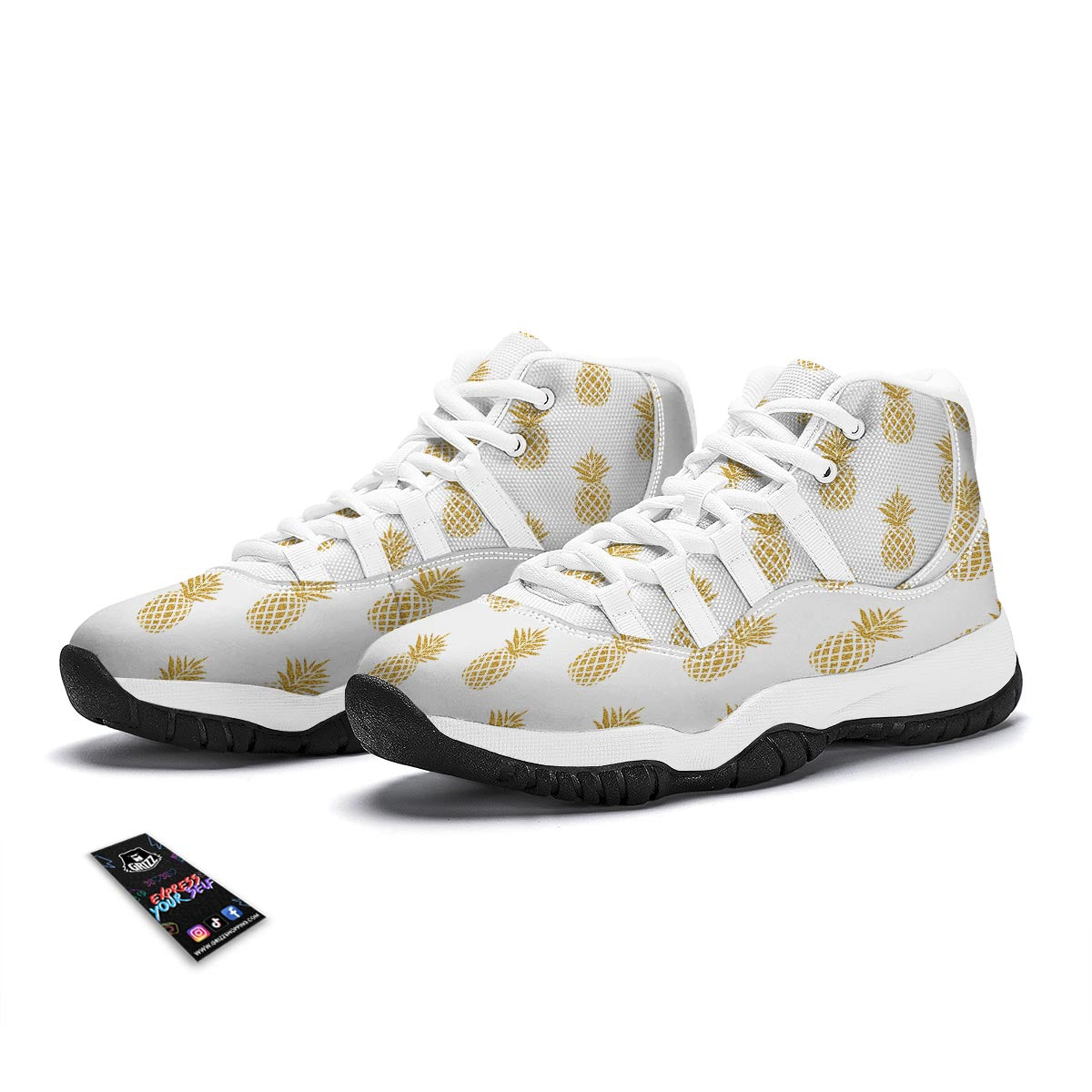 White Gold Pineapple Print White Bball Shoes-grizzshop