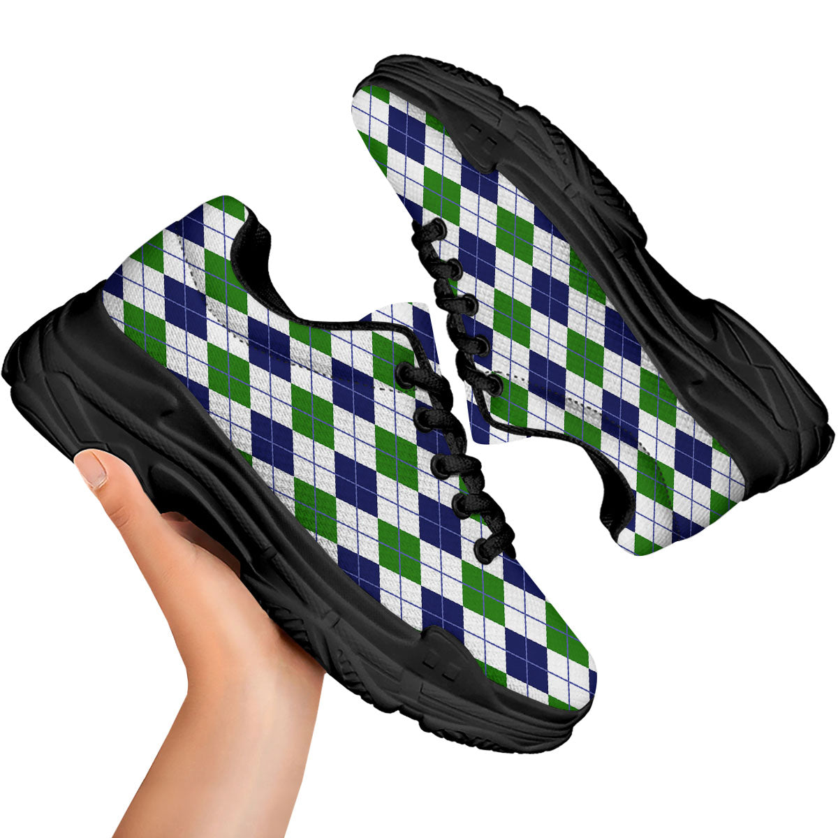 White Green And Navy Argyle Print Black Chunky Shoes-grizzshop
