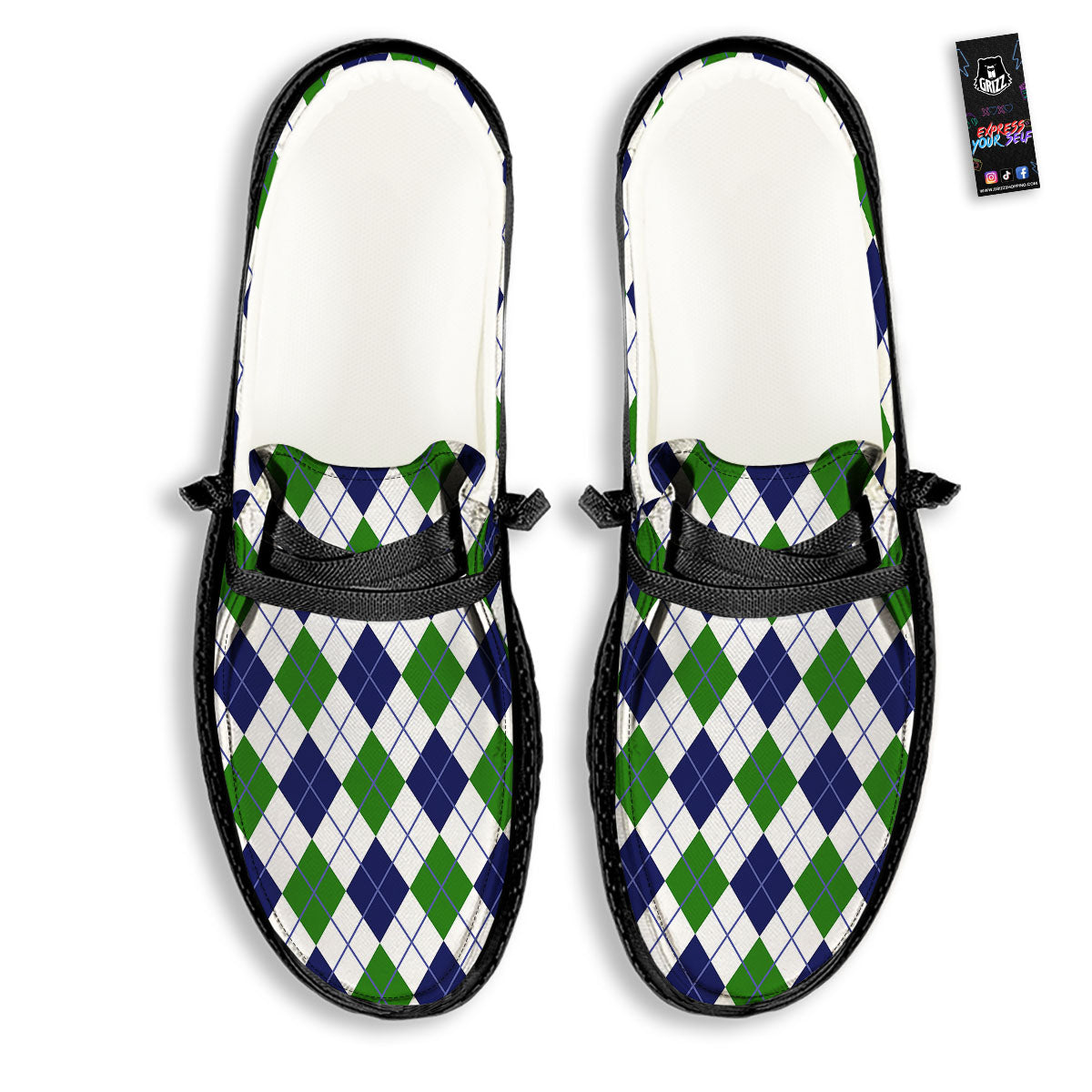 White Green And Navy Argyle Print Black Loafers-grizzshop