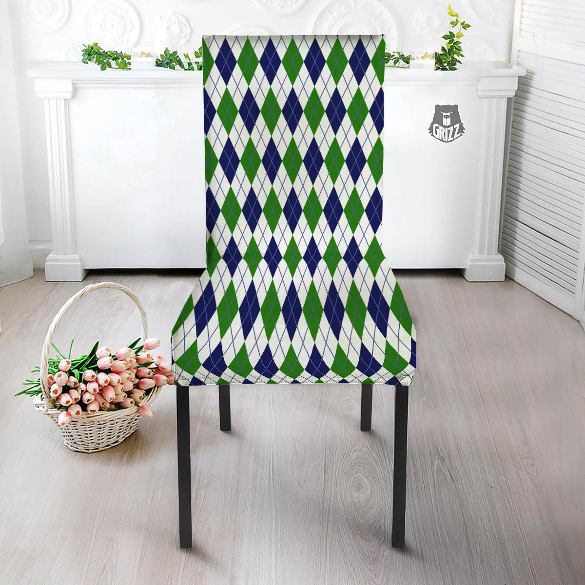 White Green And Navy Argyle Print Dining Chair Slipcover-grizzshop