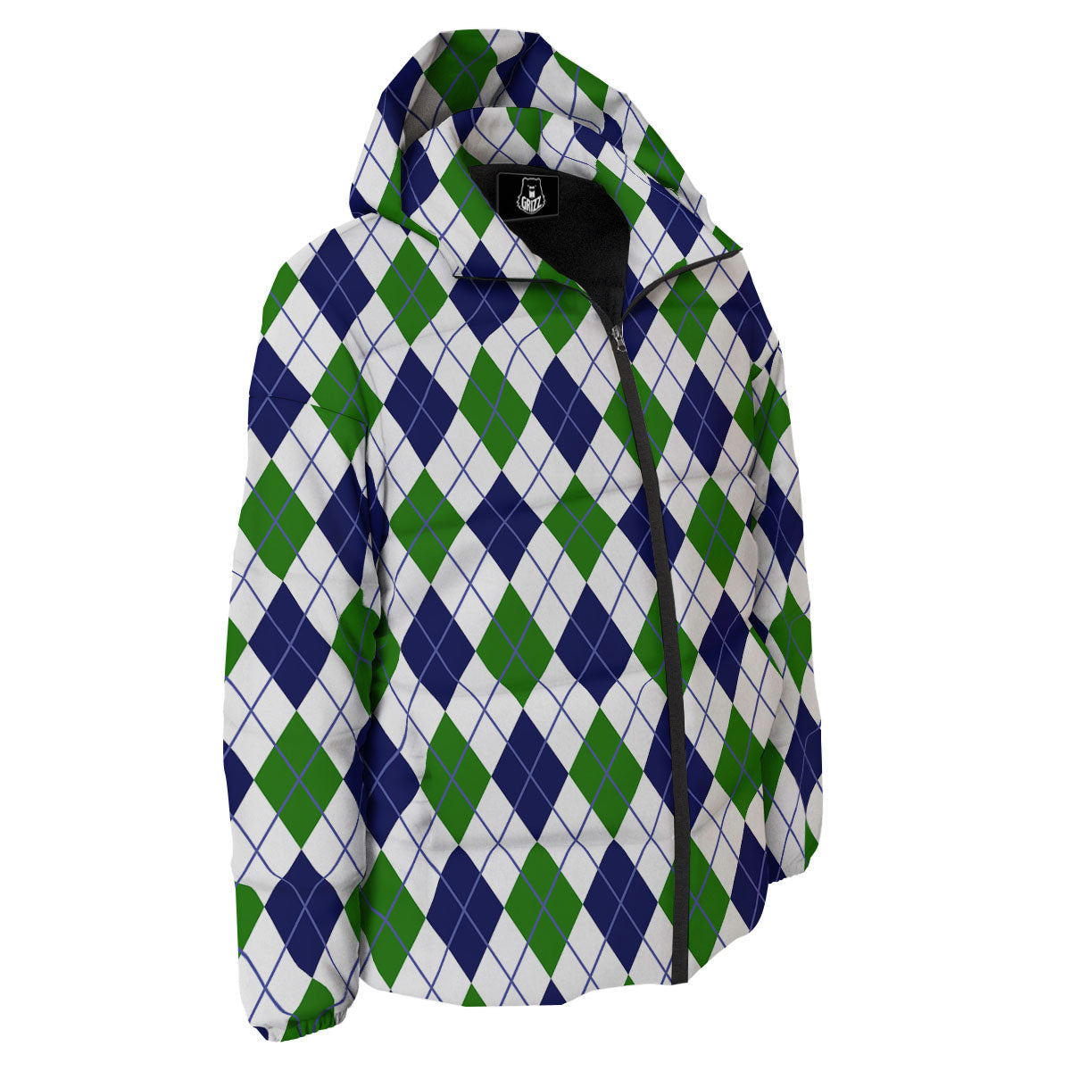 White Green And Navy Argyle Print Down Jacket-grizzshop