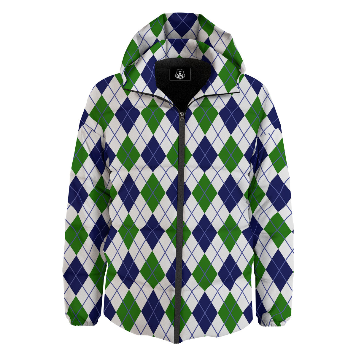 White Green And Navy Argyle Print Down Jacket-grizzshop