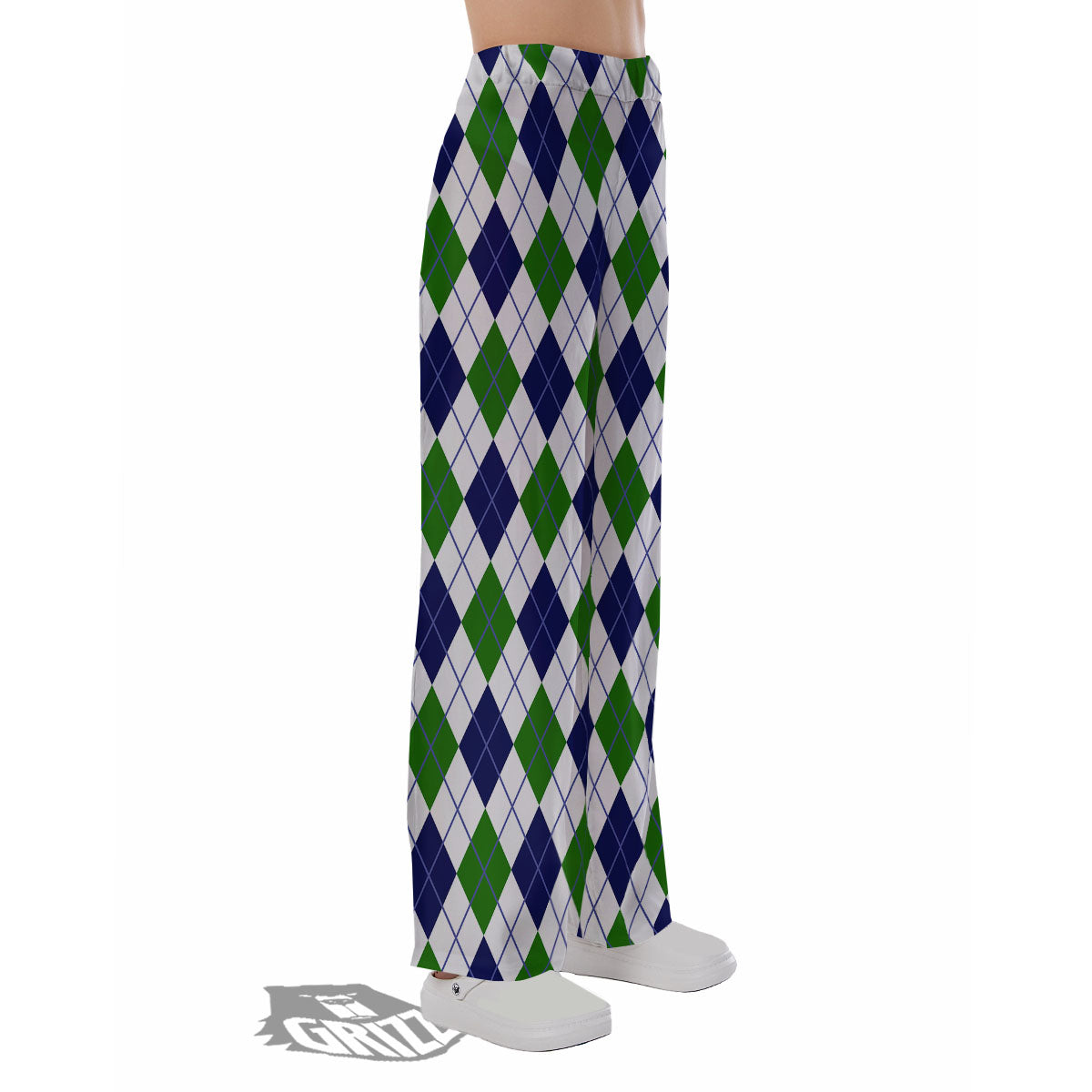 White Green And Navy Argyle Print Pajama Pants-grizzshop